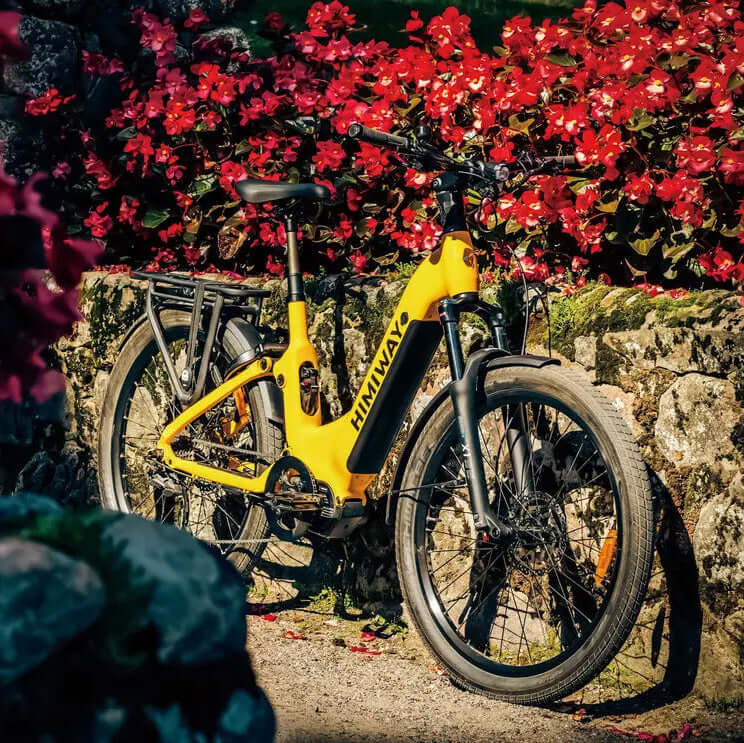 Yellow bicycle leaning against a stone wall with red flowers in the background