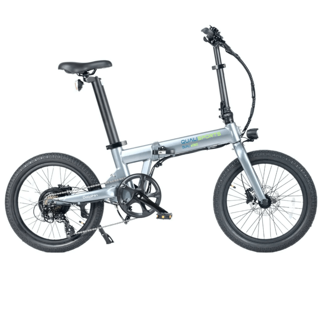 Qualisports Dolphin portable folding beach cruiser electric bike in silver color, showcasing its compact design.