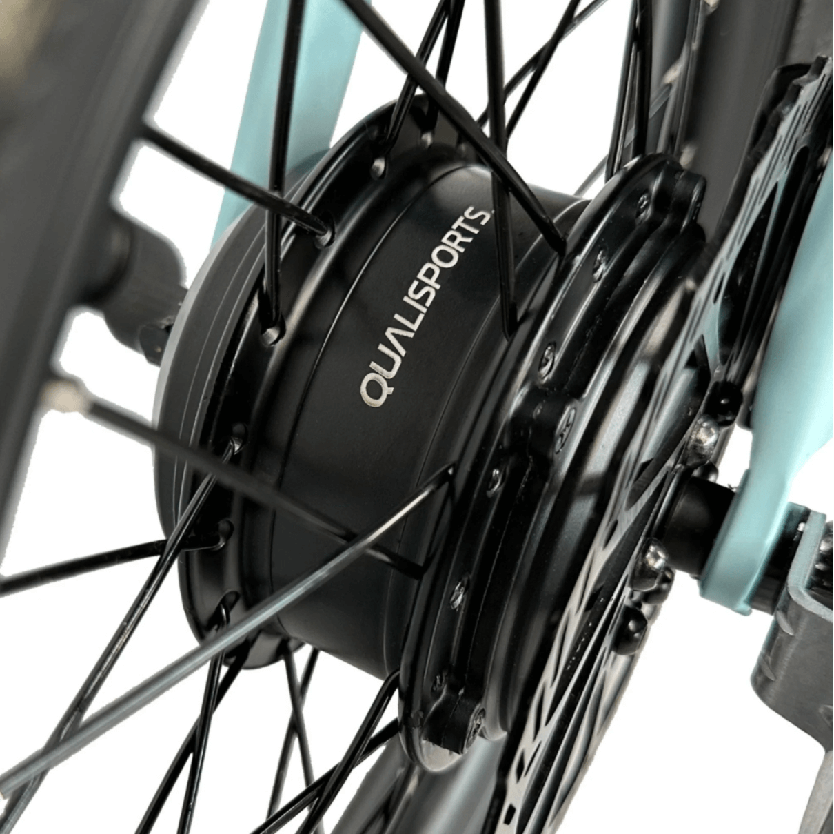 Close-up of Qualisports Nemo electric bike rear hub motor showcasing sleek design and durability.