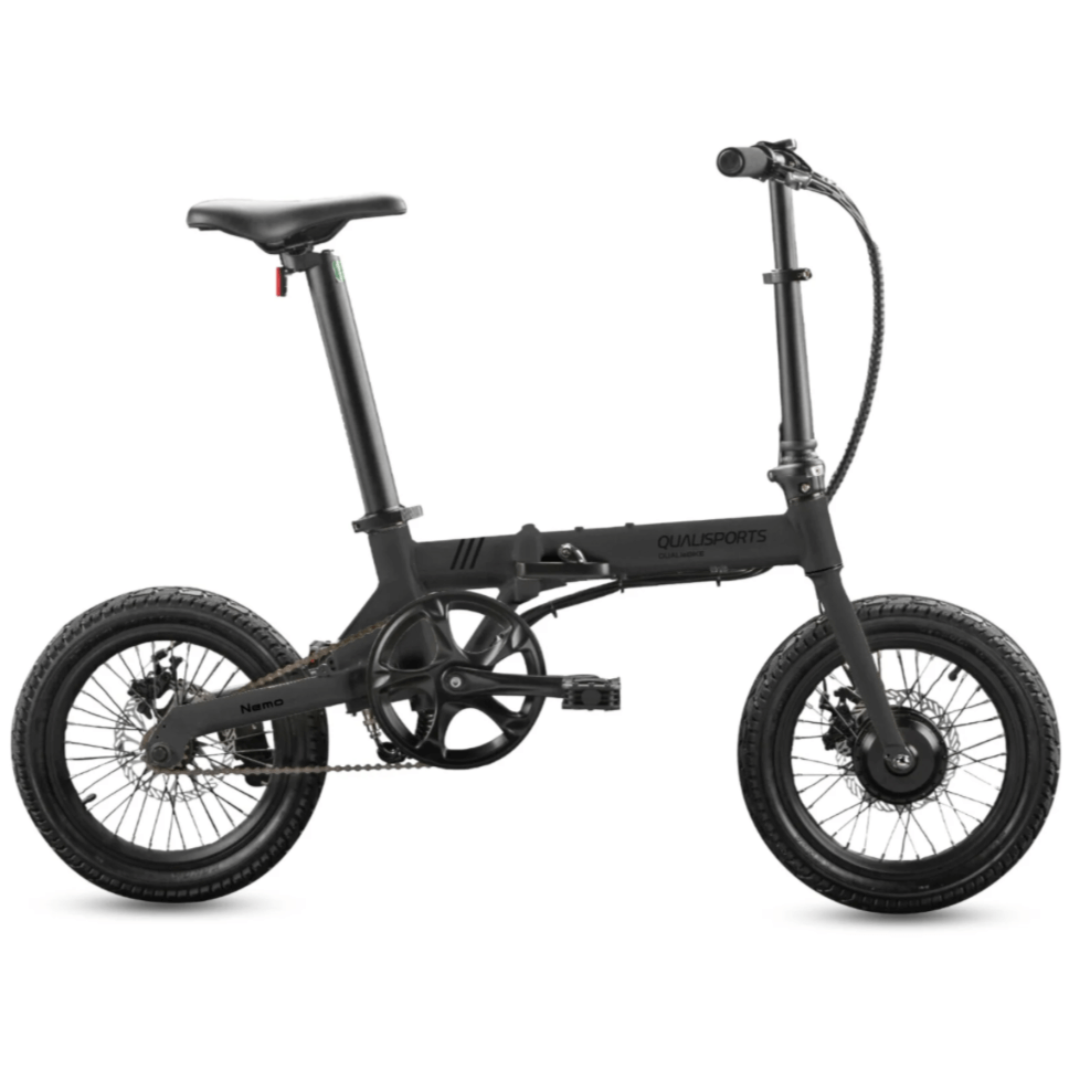 Qualisports Nemo Beach Cruiser Folding Electric Bike with compact design and small wheels.