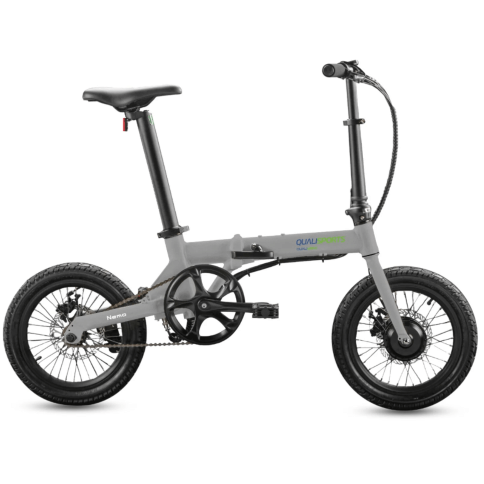 Qualisports Nemo folding electric beach cruiser bike with compact frame and 250W motor for effortless urban commuting.