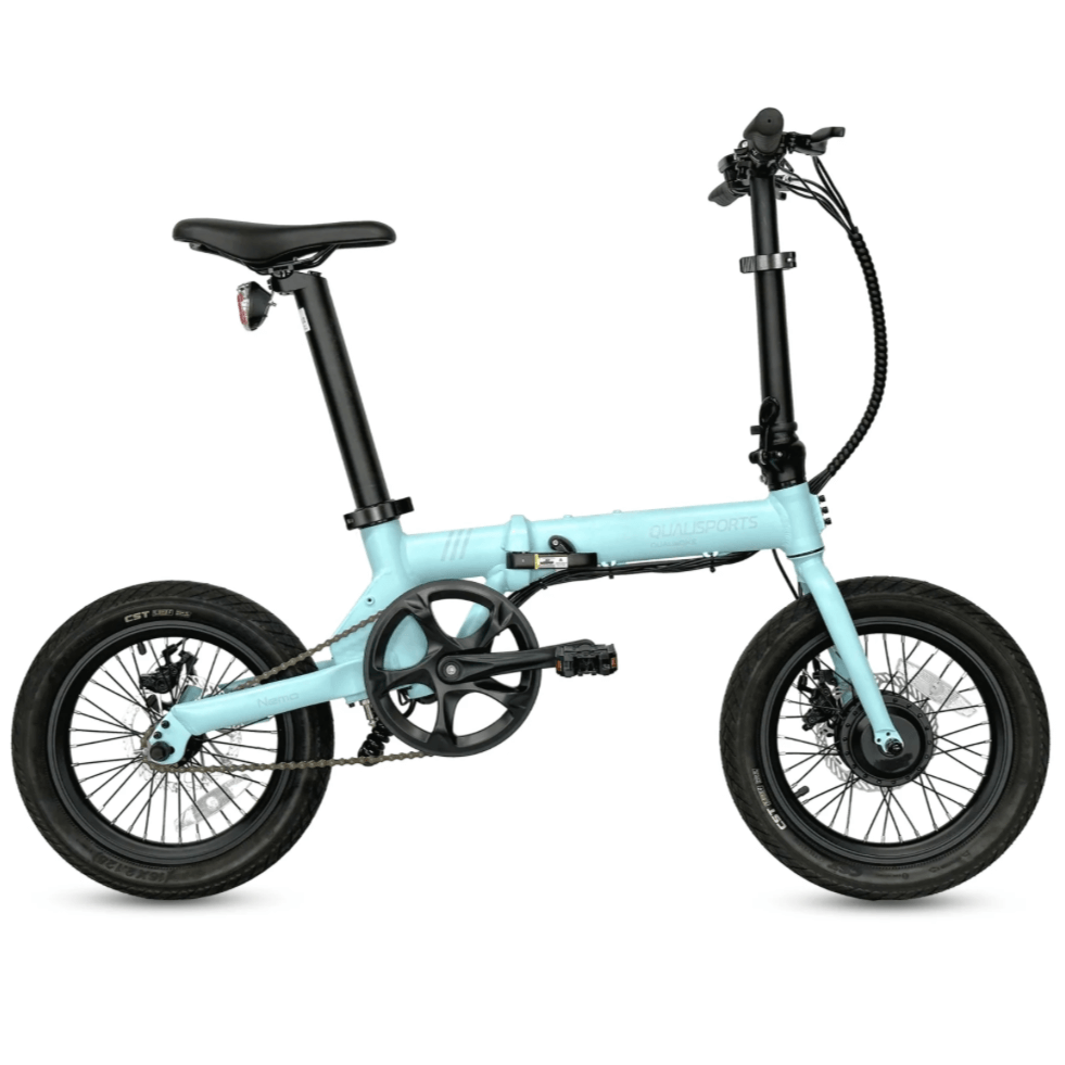 Qualisports Nemo Beach Cruiser Folding Electric Bike in light blue color with small wheels.