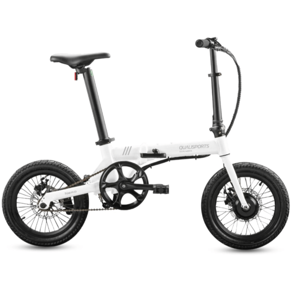 Qualisports Nemo folding electric bike in white, featuring compact design and small wheels for easy urban cruising.