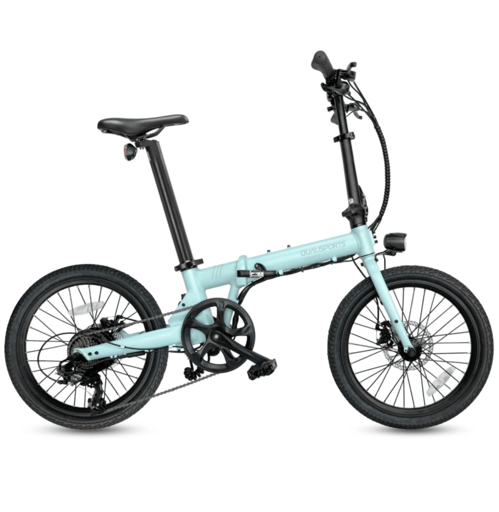 Qualisports Volador lightweight folding electric bike in blue color with sleek design and compact structure.