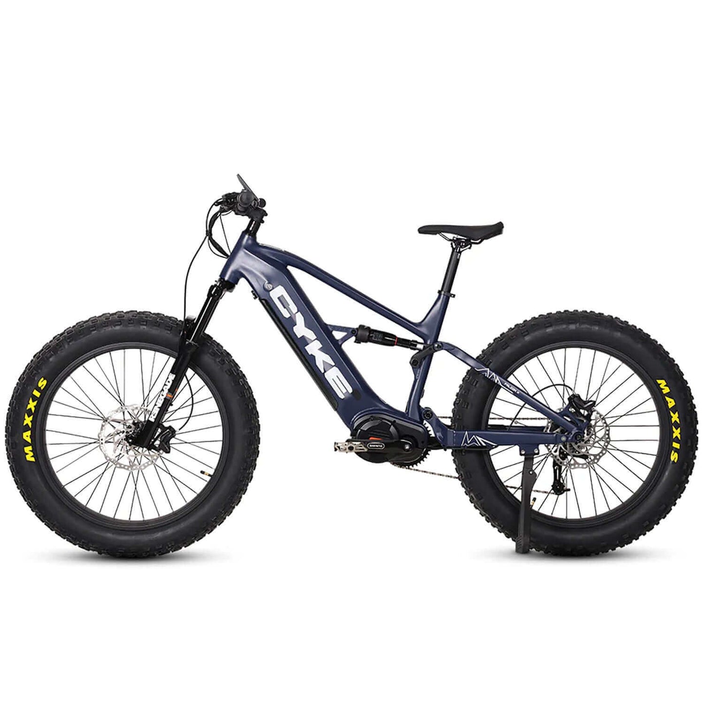 CYKE Falcon-X Full Suspension Mid Drive Fat Tire Electric Bike in navy blue with Maxxis tires.