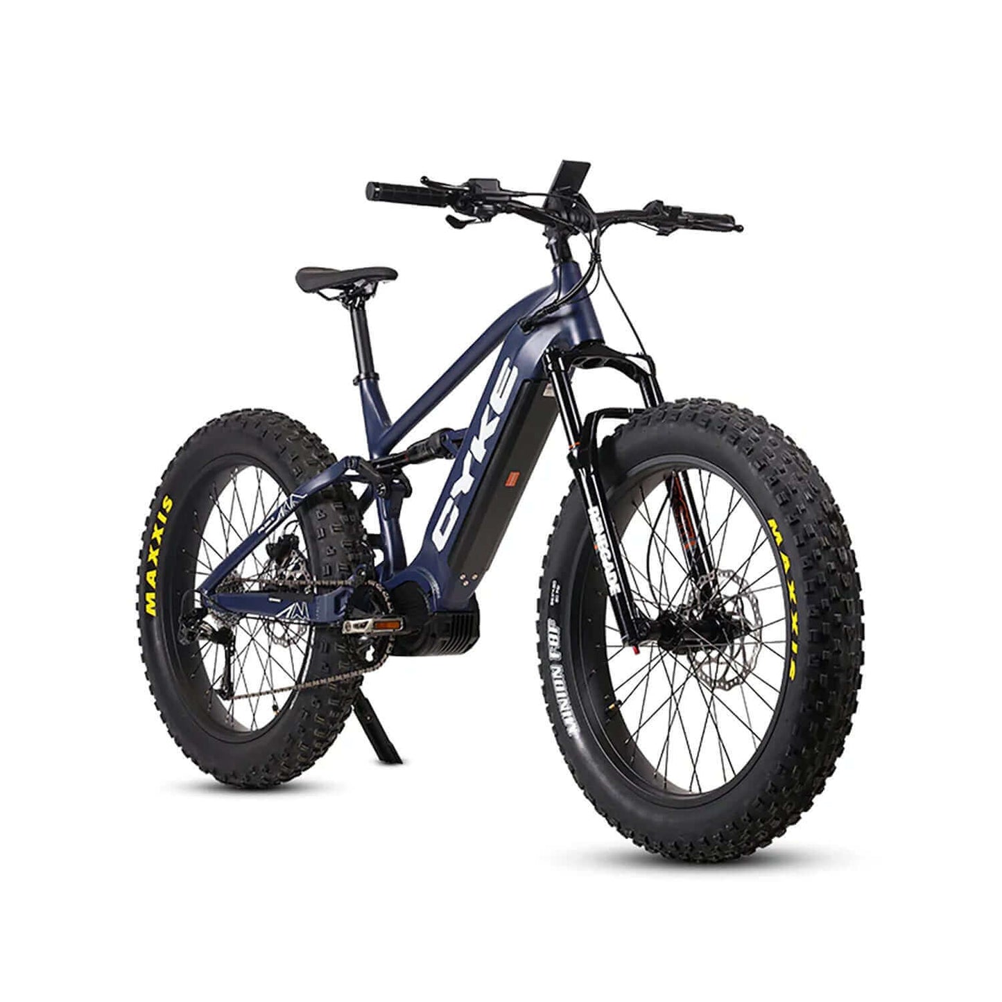 CYKE Falcon-X Full Suspension Mid Drive Fat Tire Electric Bike with large tires and a sleek design.