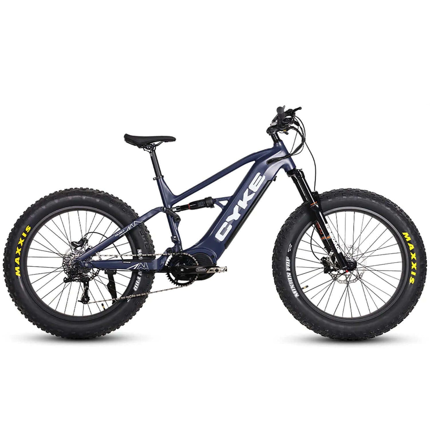 CYKE Falcon-X Full Suspension Mid Drive Fat Tire Electric Bike in navy color with large tires and modern design.