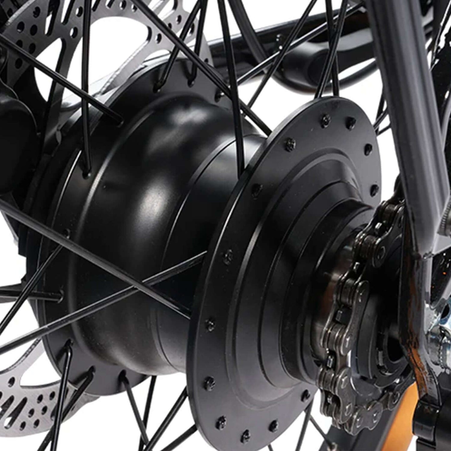 Close-up of the CYKE Kingfisher Mid-Drive Folding Electric Bike hub and spokes, showcasing its 36V 250W motor.