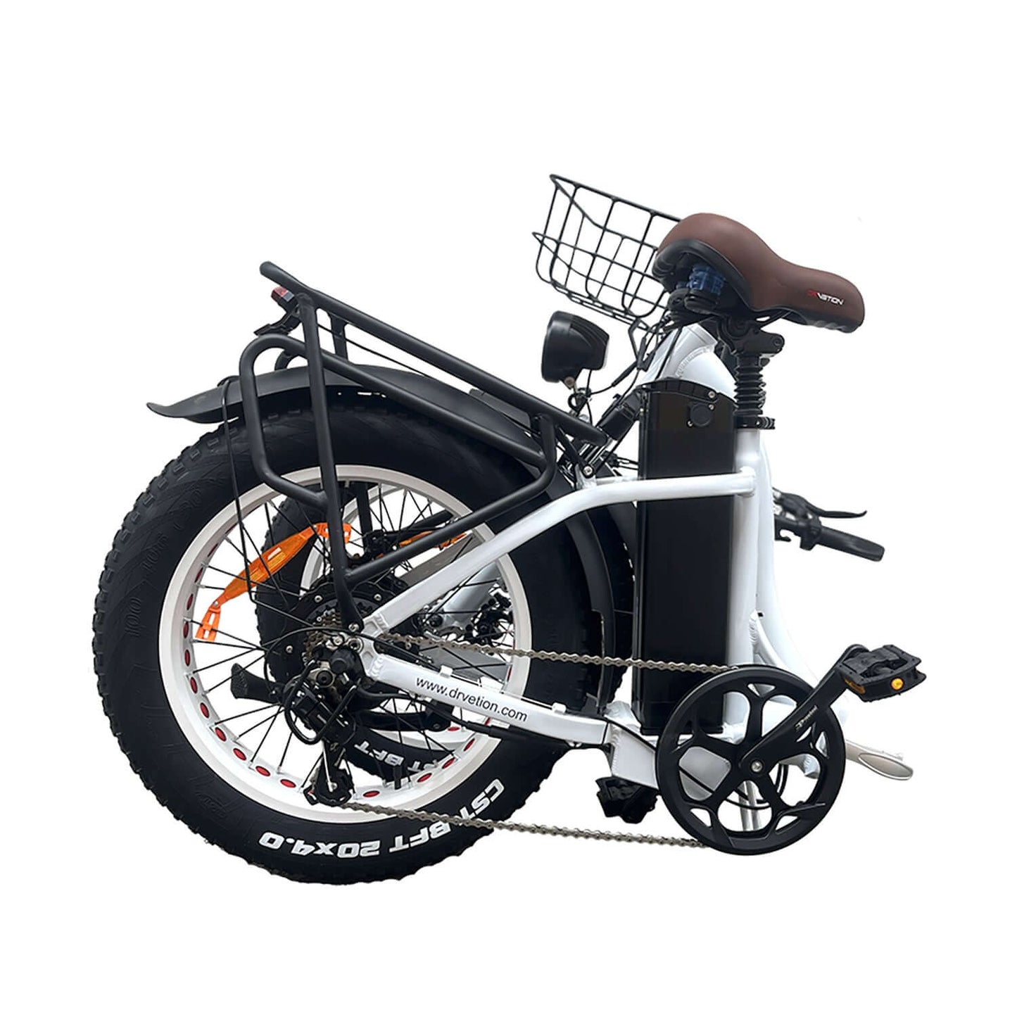 Drvetion CT20 Fat Tire Folding Electric Bike side view with basket and large tires