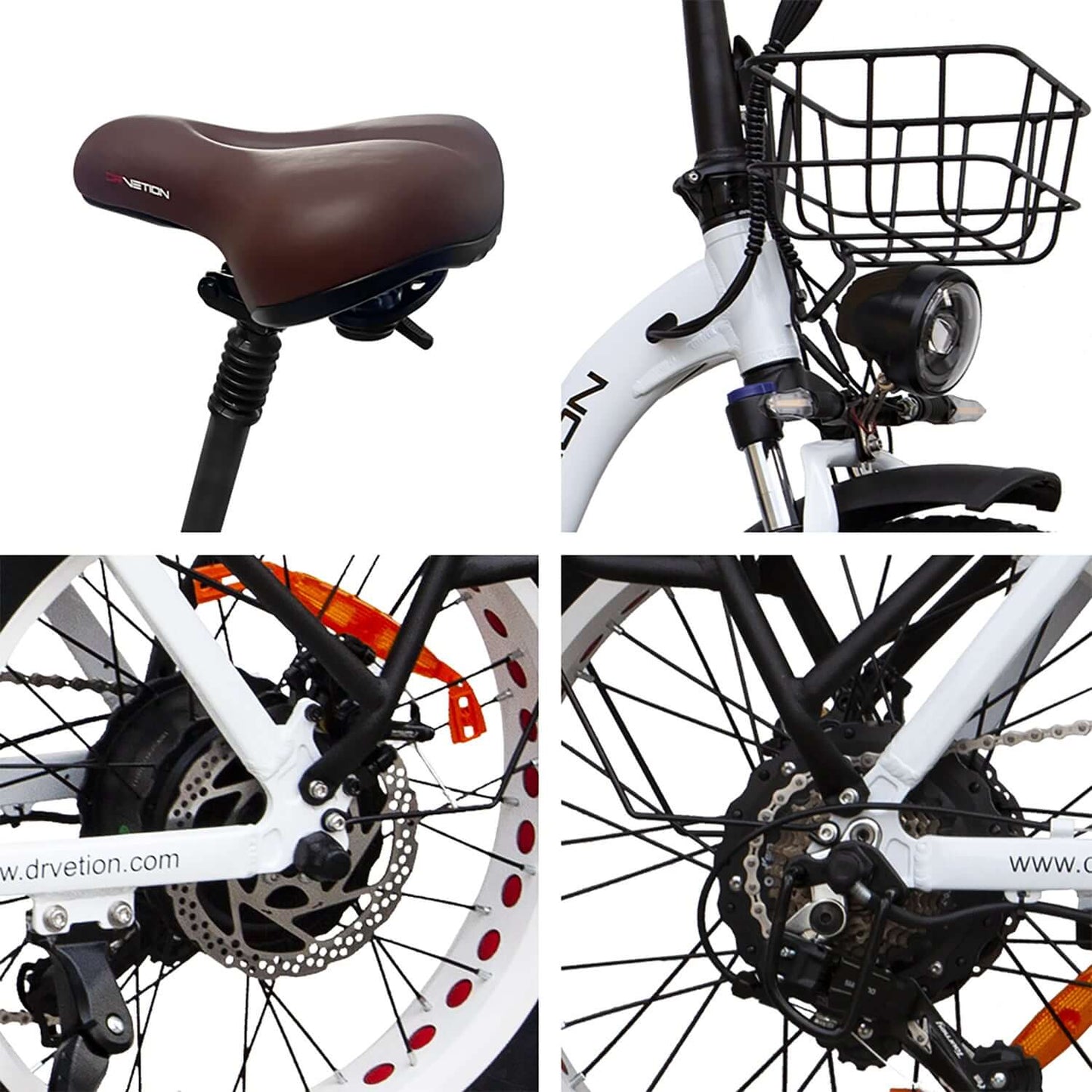 Drvetion CT20 Fat Tire Folding Electric Bike features close-up of saddle, basket, and rear wheel components.