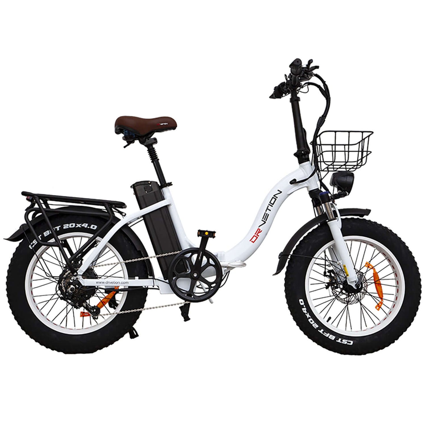 Drvetion CT20 Fat Tire Folding Electric Bike with large wheels and basket.
