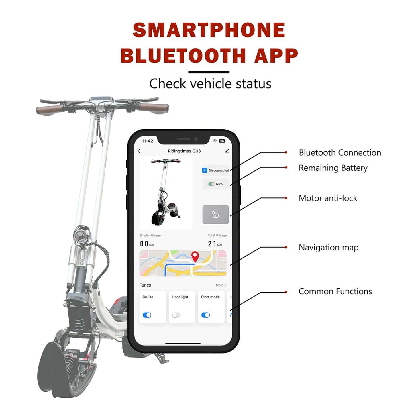 Drvetion G63 smartphone Bluetooth app displaying vehicle status and features like navigation and battery indicator.