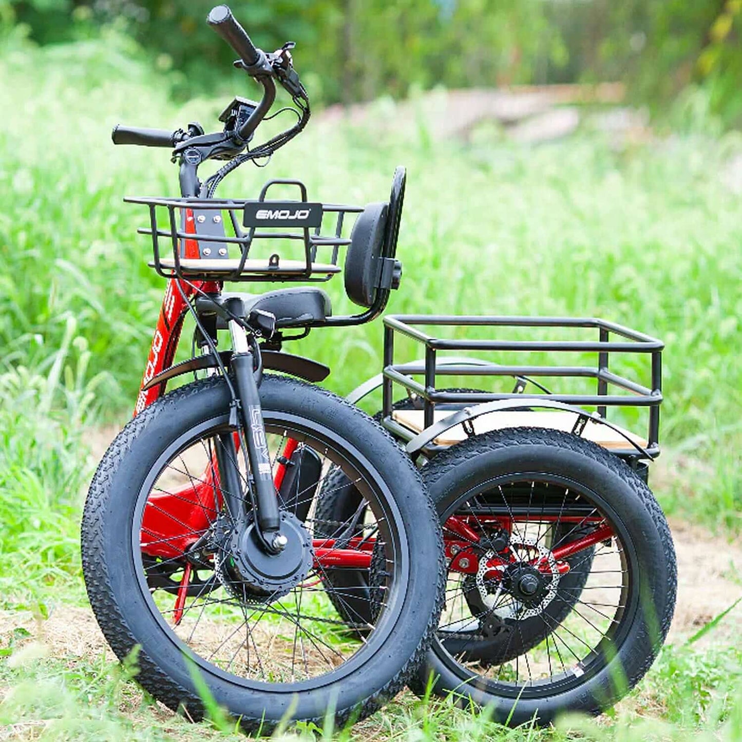 Emojo Bison PRO 48V 750W Step-Thru Electric Trike showcasing front and rear cargo baskets in a grassy outdoor setting.
