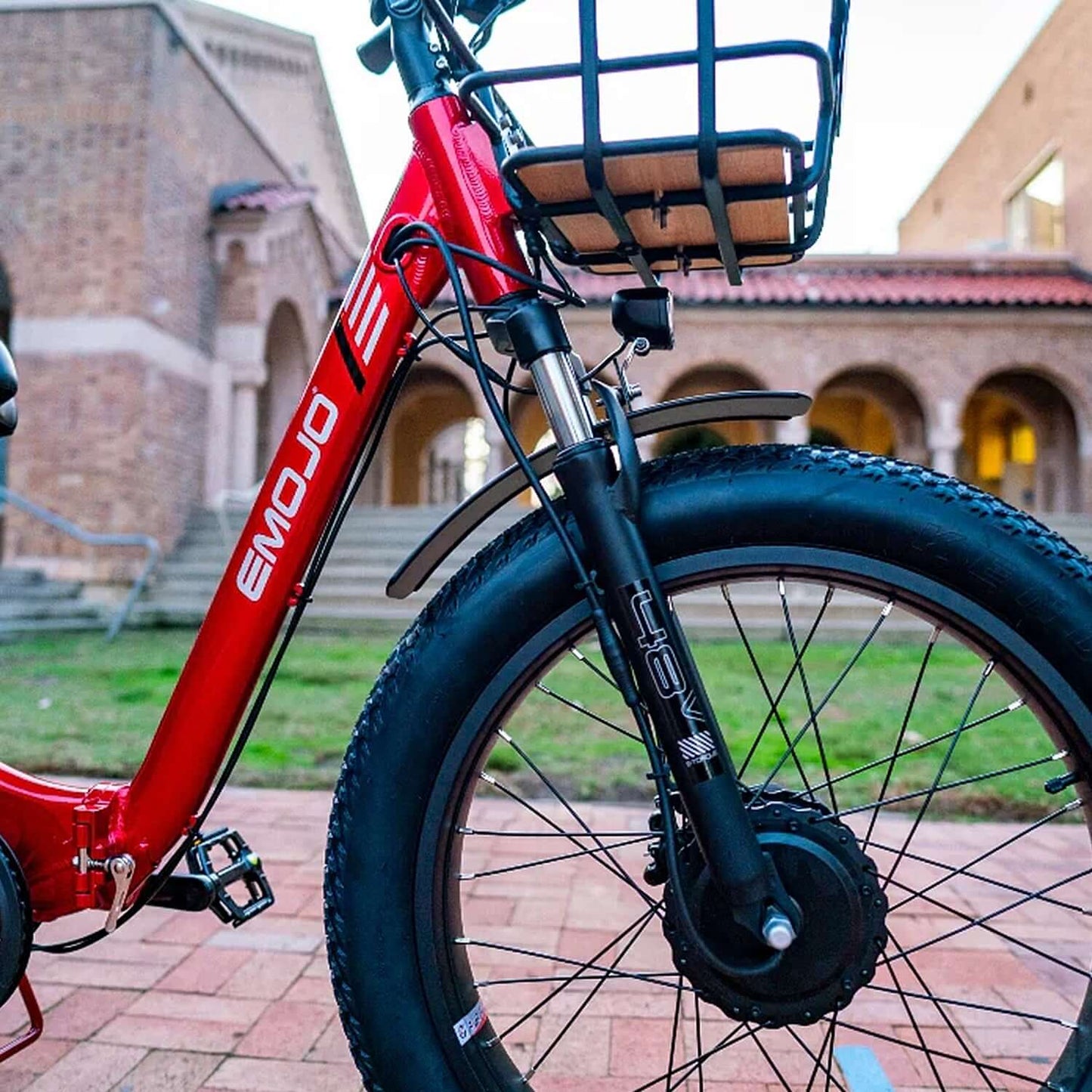 Close-up of Emojo Bison PRO electric trike featuring a red frame and thick tires, set in a scenic outdoor background.