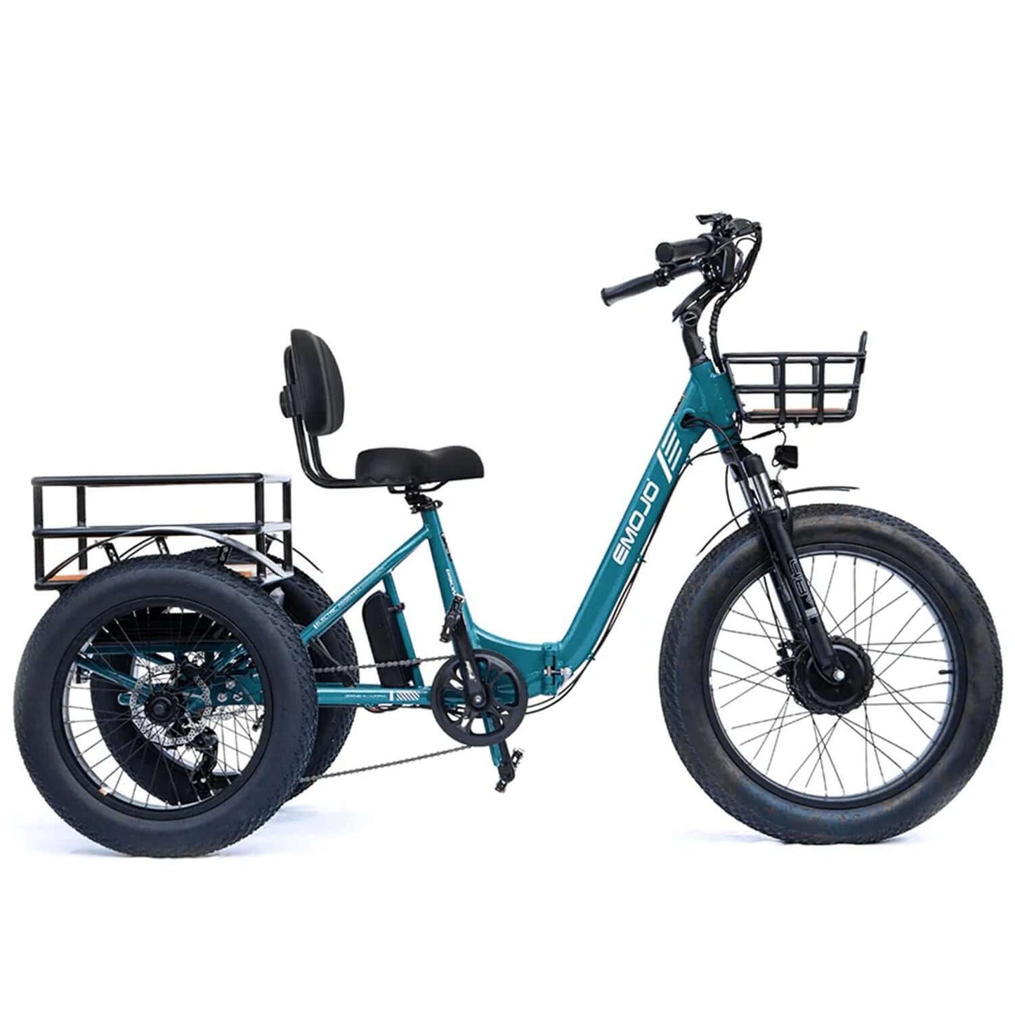 Emojo Bison PRO 48V 750W Step-Thru Electric Trike in teal with large rear wheels and sturdy baskets.