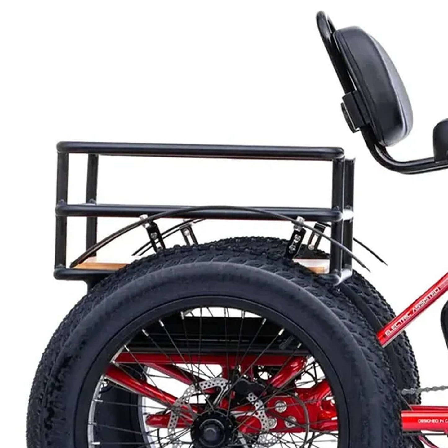 Close-up of Emojo Bison PRO electric trike rear storage rack and large tires for stability and comfort.