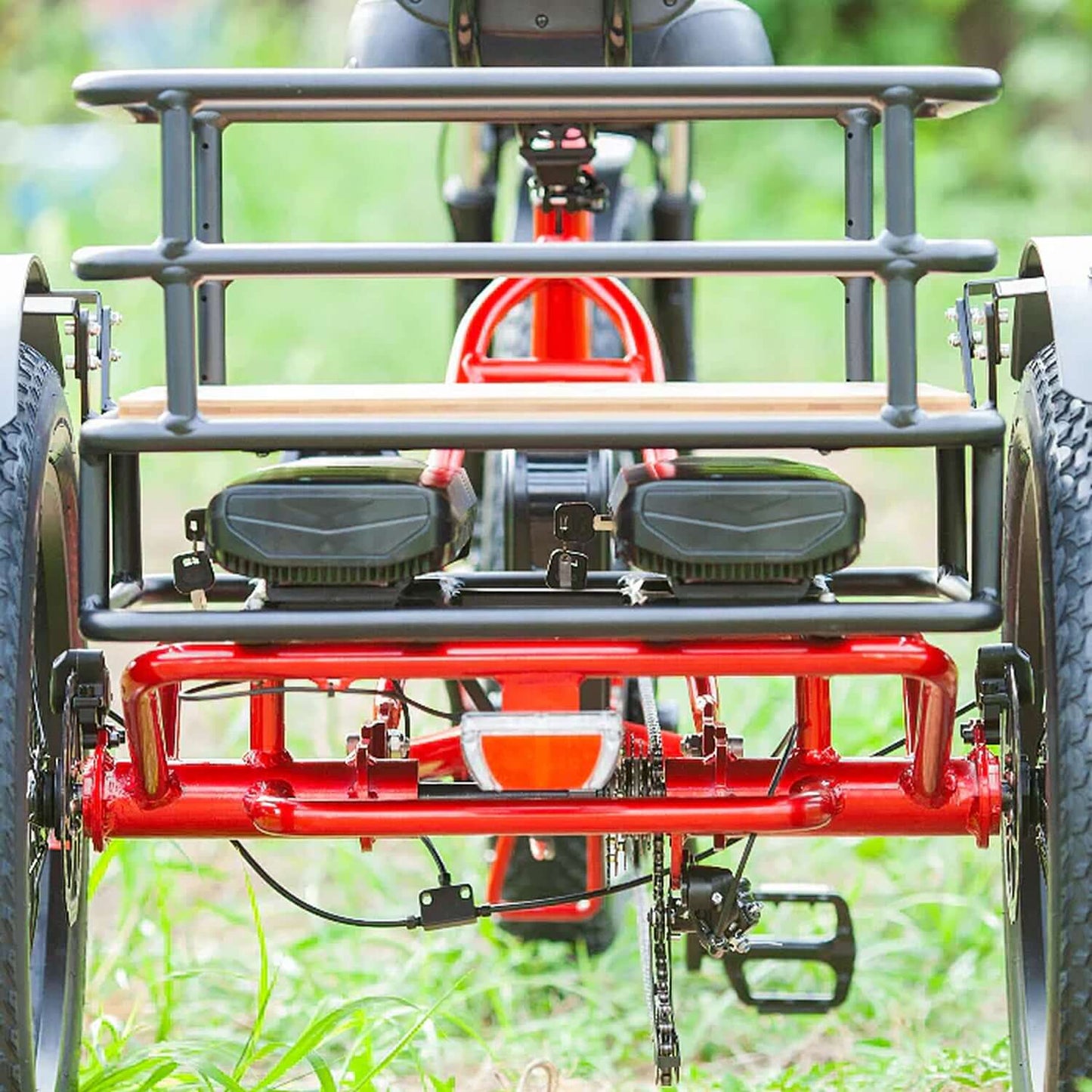 Rear view of Emojo Bison PRO electric trike showcasing the storage rack and dual batteries.