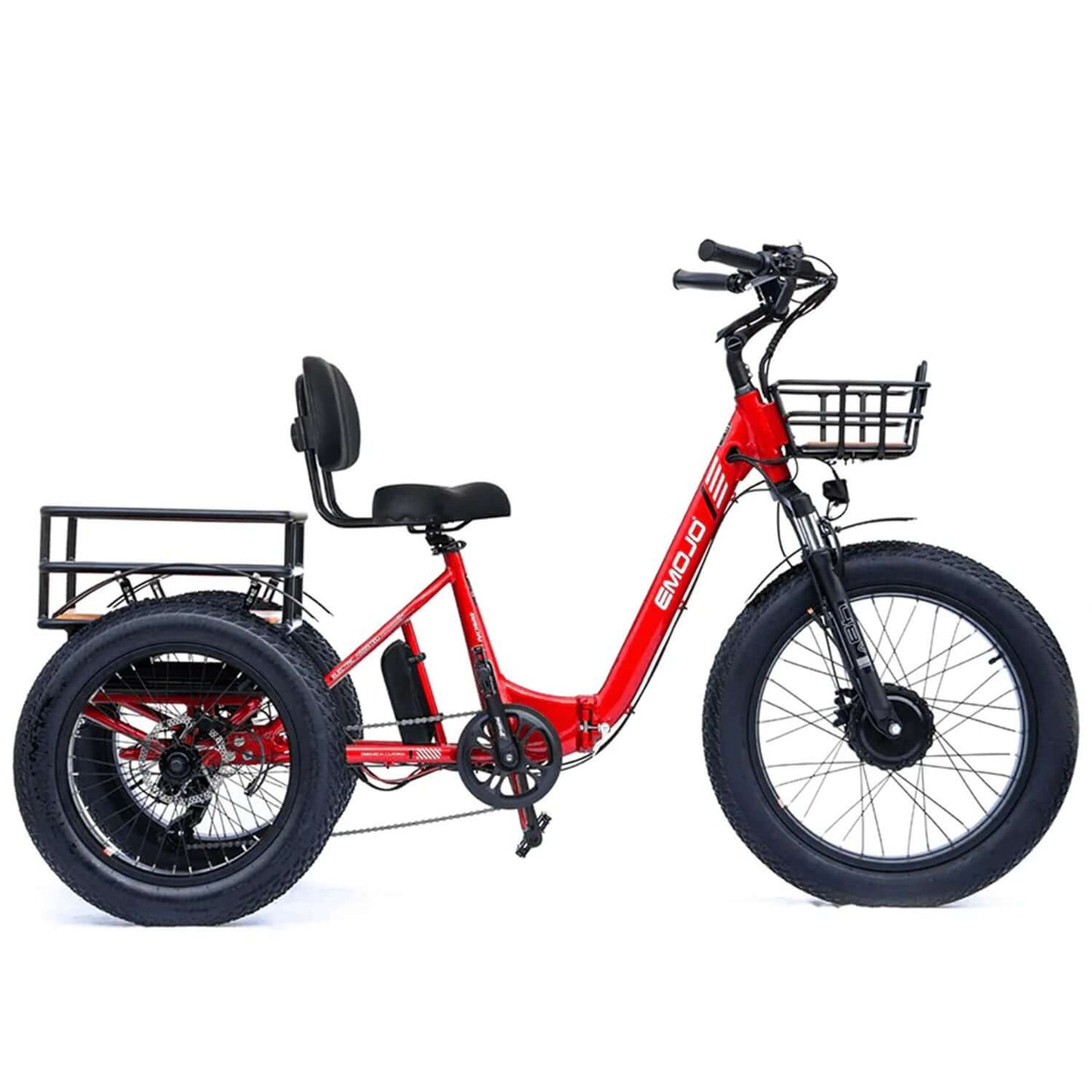 Emojo Bison PRO step-thru electric trike in red with large tires and a rear basket