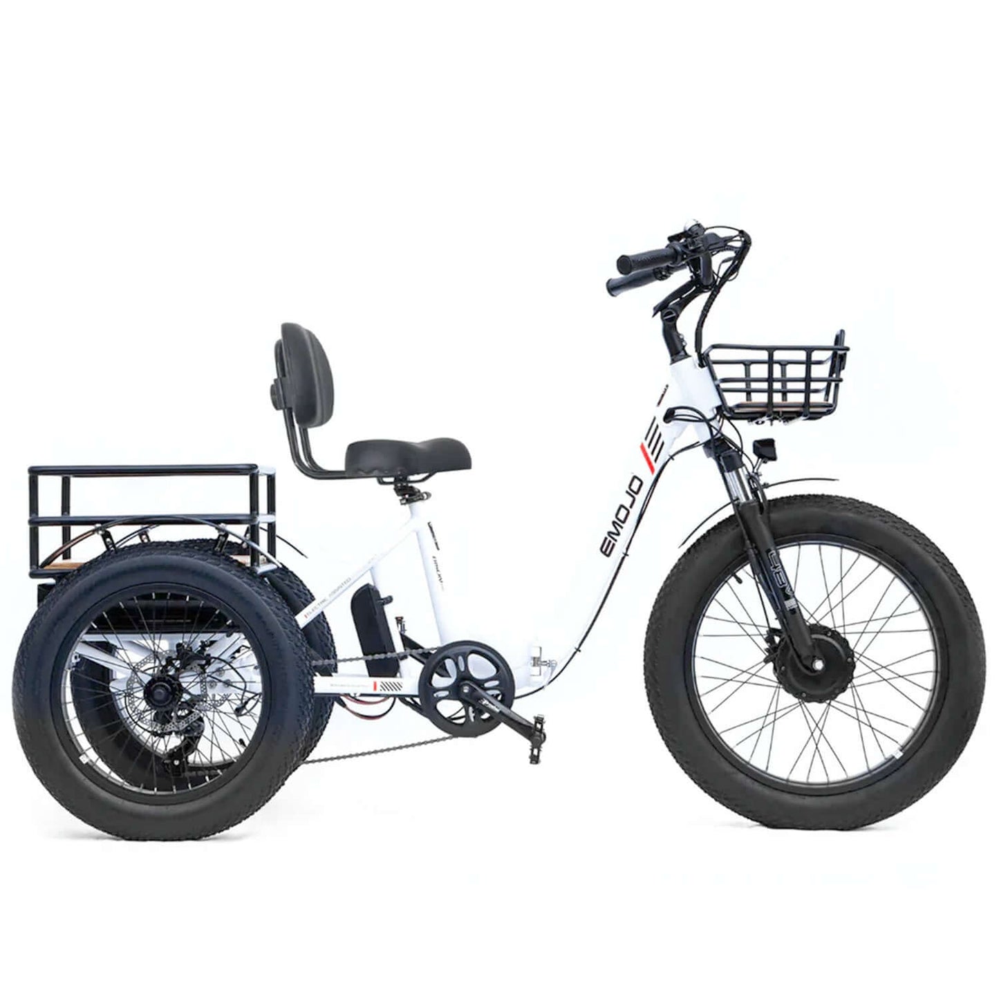 Emojo Bison PRO 48V 750W Step-Thru Electric Trike with a large rear basket and comfortable seating.