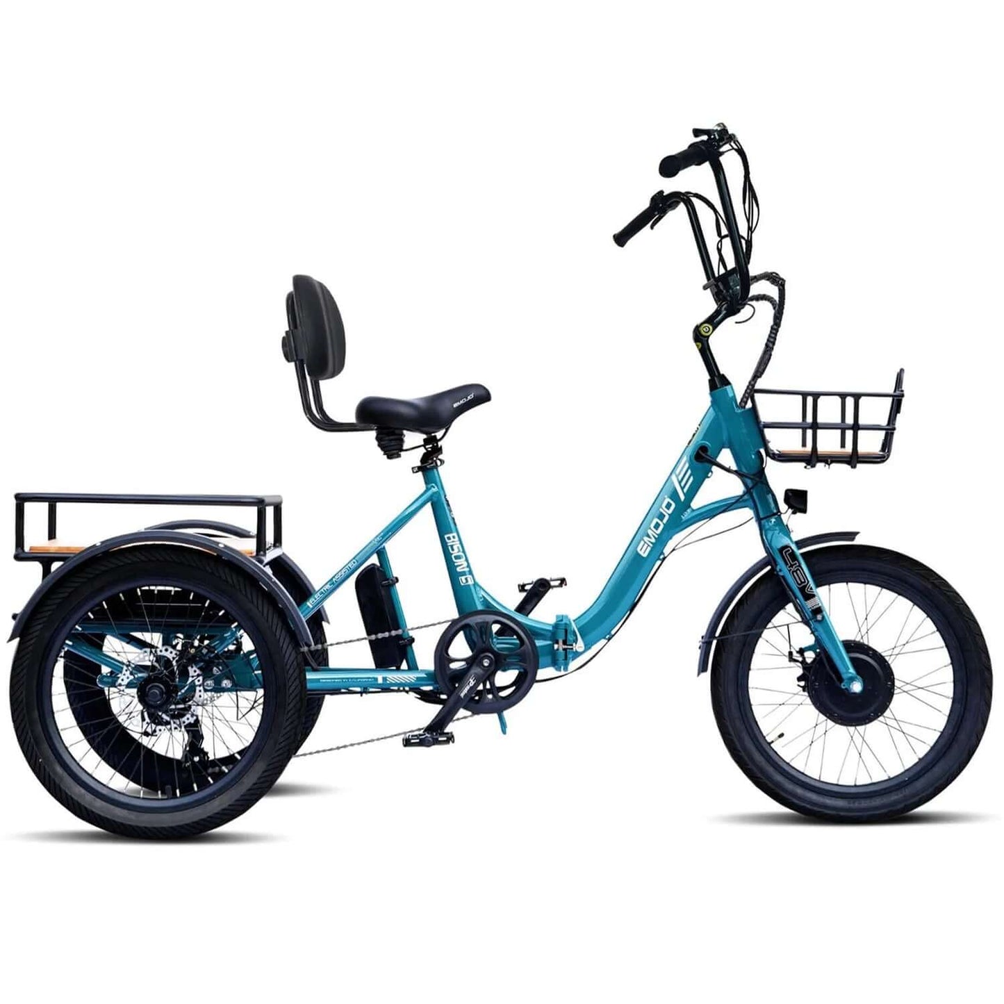 Emojo Bison S 48V 500W Step-Thru Electric Trike in teal color with basket and comfortable seat.