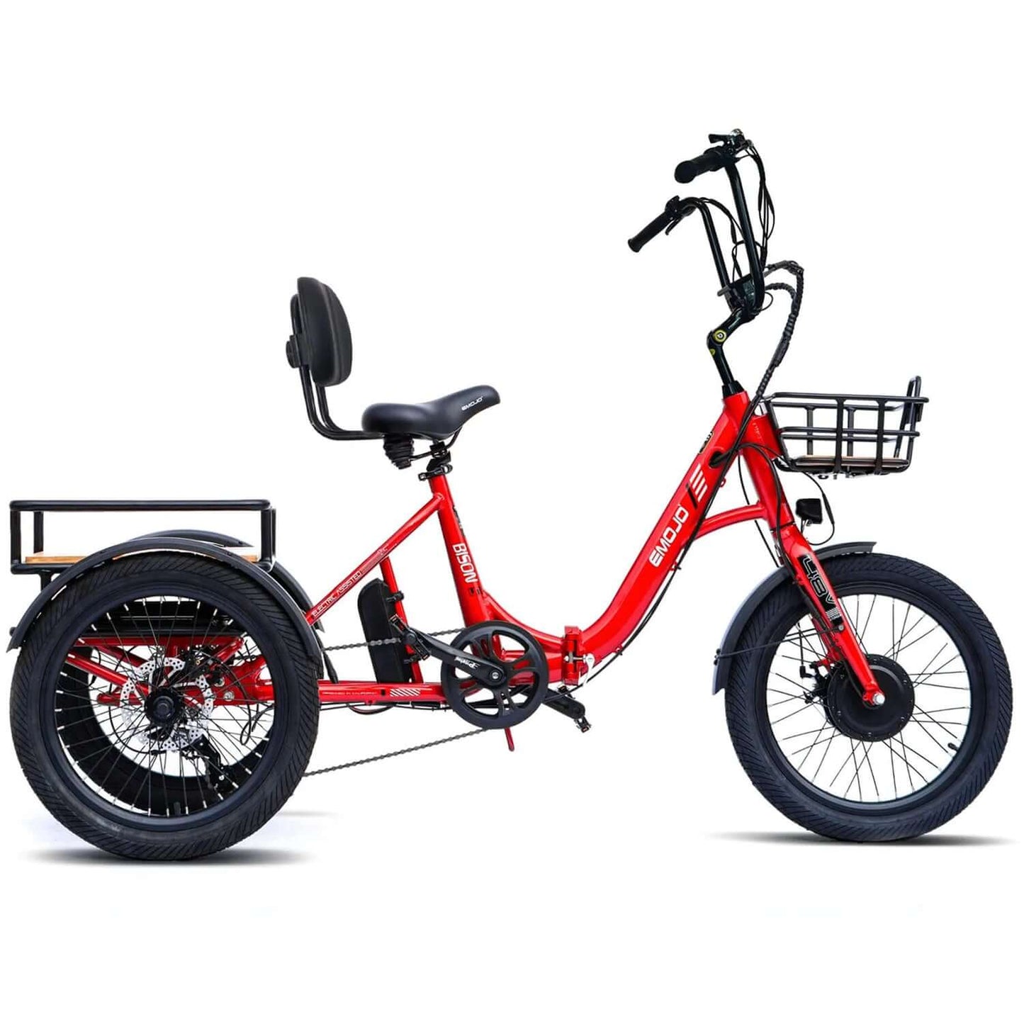 Emojo Bison S 48V 500W Step-Thru Electric Trike in red, featuring a comfortable seat and rear cargo basket.