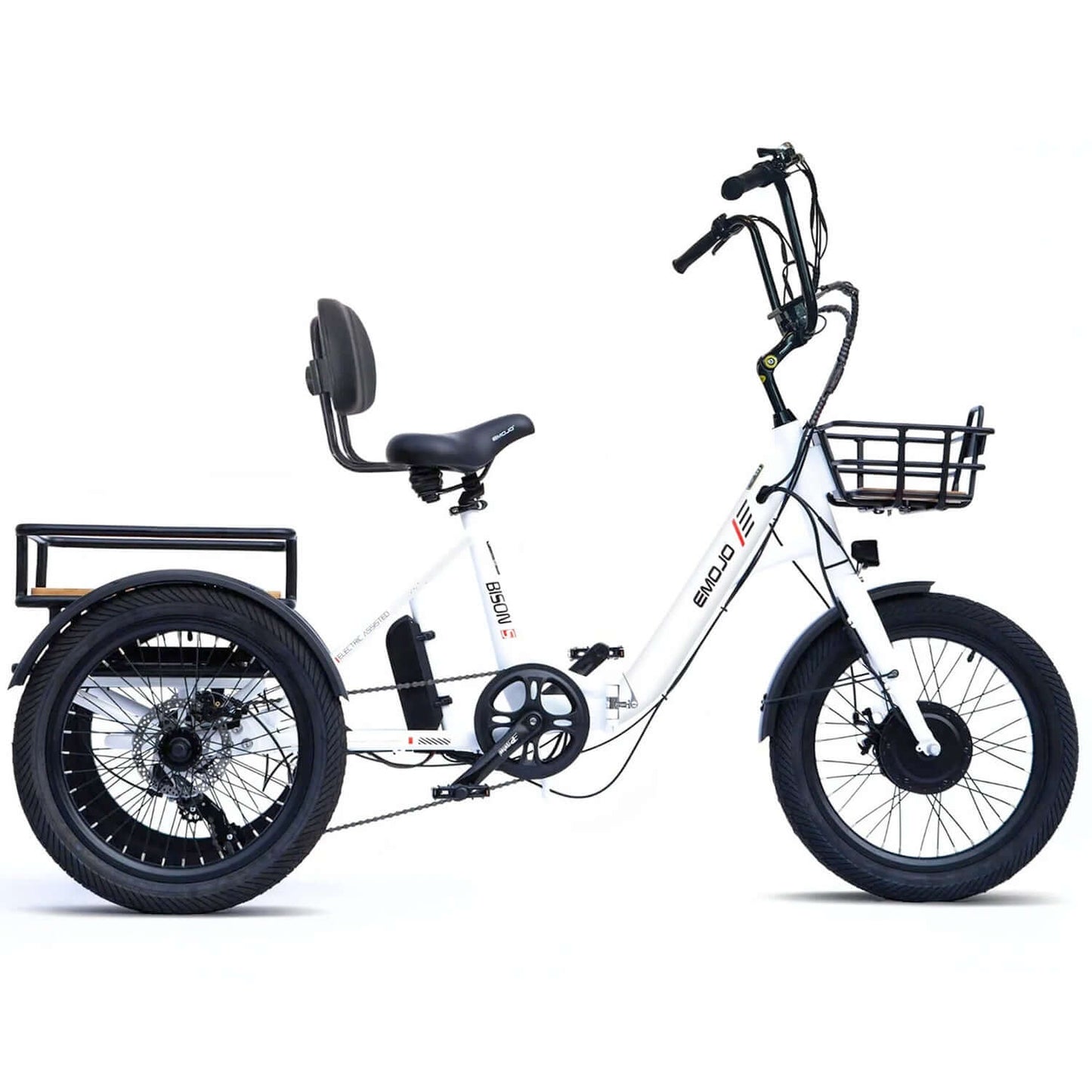 Emojo Bison S 48V 500W Step-Thru Electric Trike with a basket and backrest, ideal for comfortable rides.
