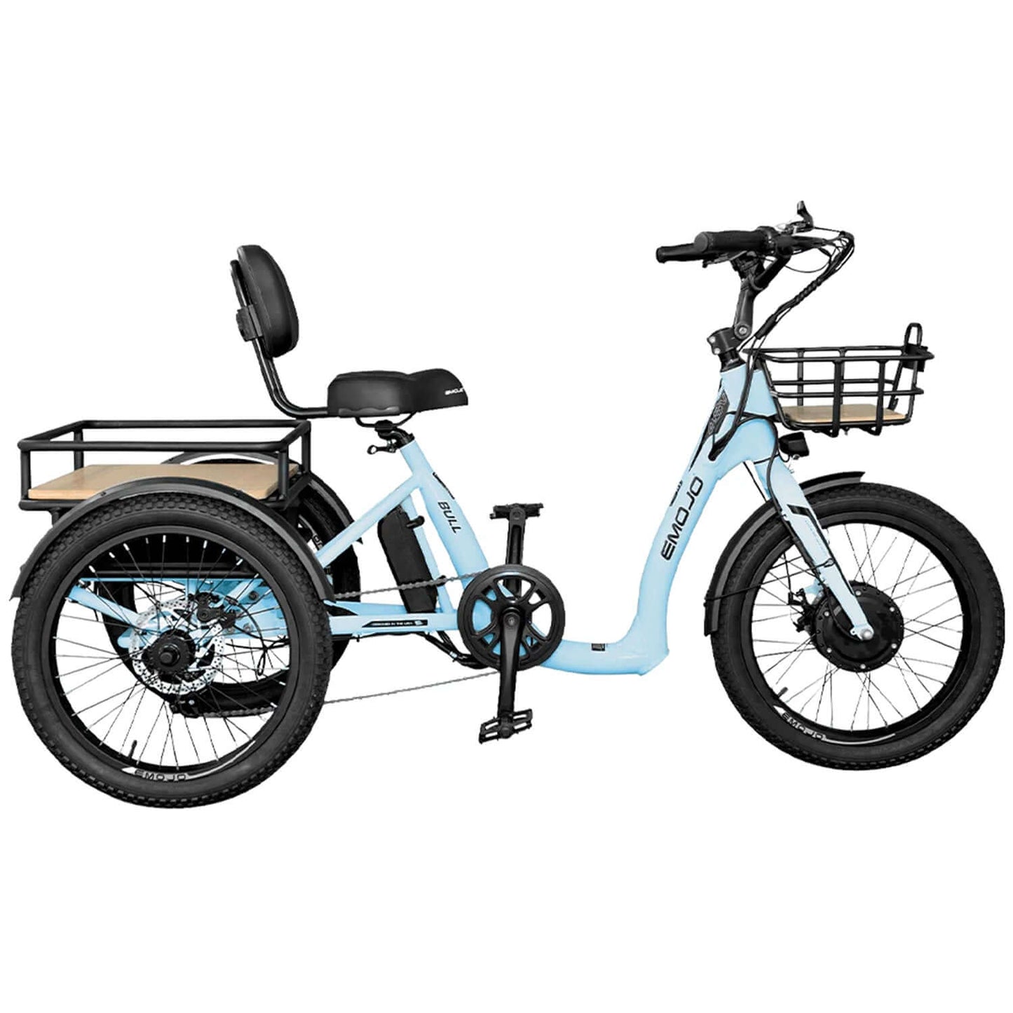 Emojo Bull 48V 500W Step-Thru Electric Trike in light blue with front basket and rear seating.