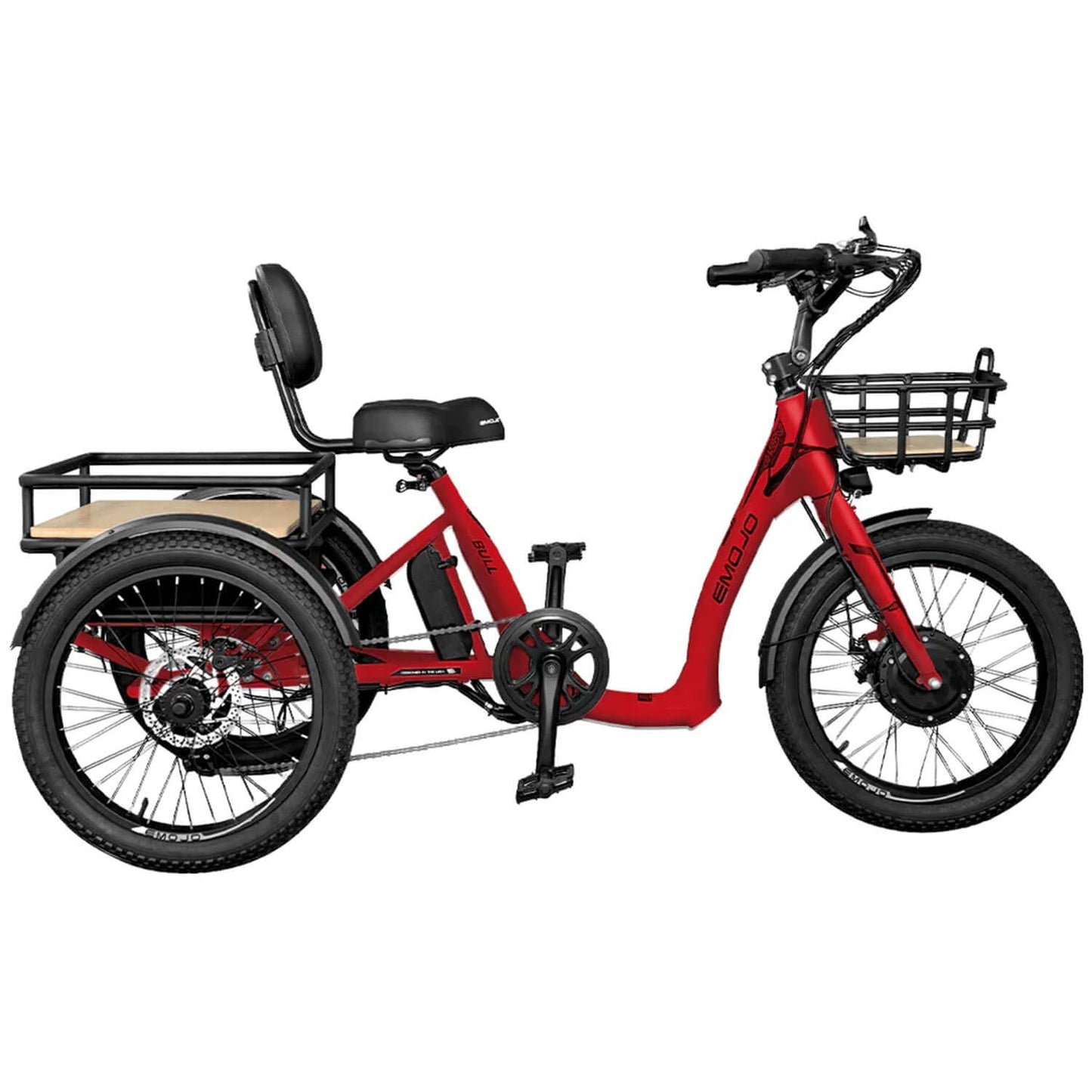 Emojo Bull 48V 500W Step-Thru Electric Trike in red with rear storage basket and comfortable seating.