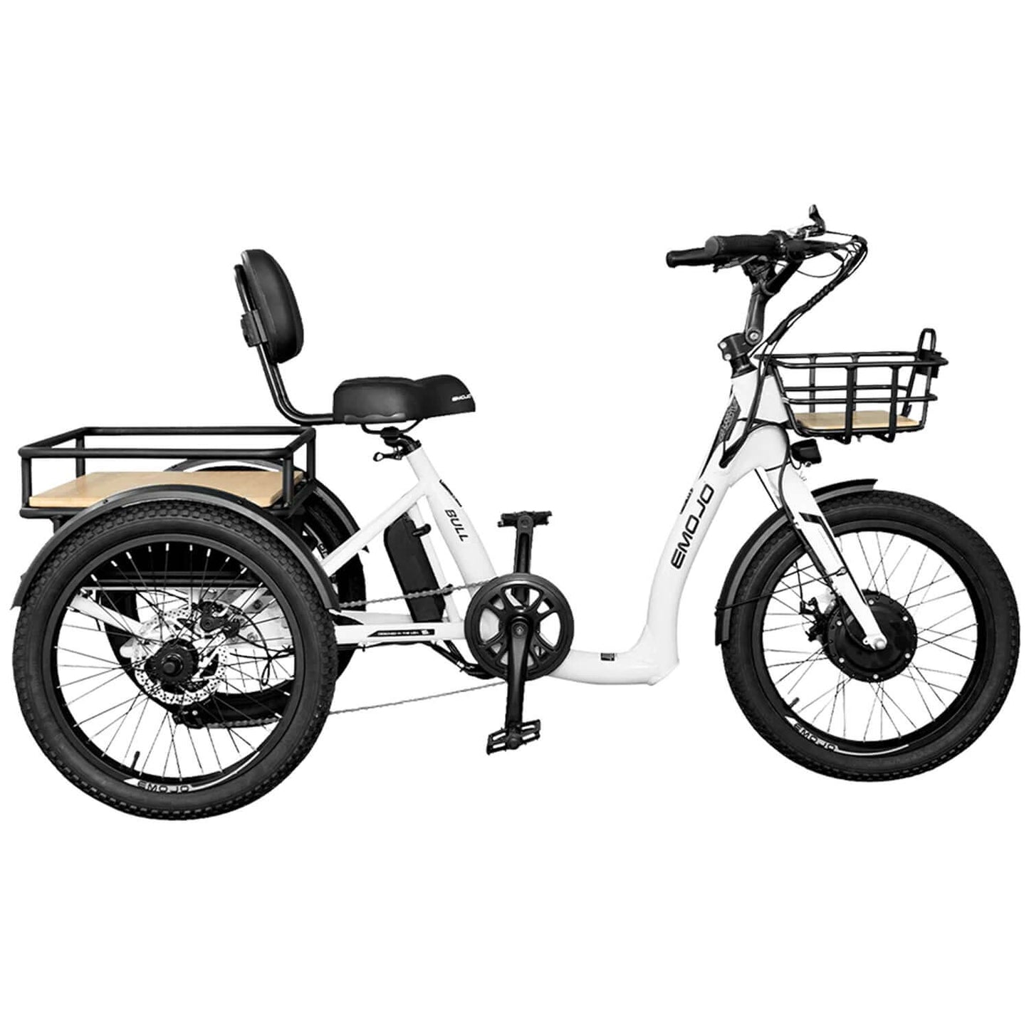 Emojo Bull 48V 500W Step-Thru Electric Trike featuring a spacious cargo area and comfortable seating.