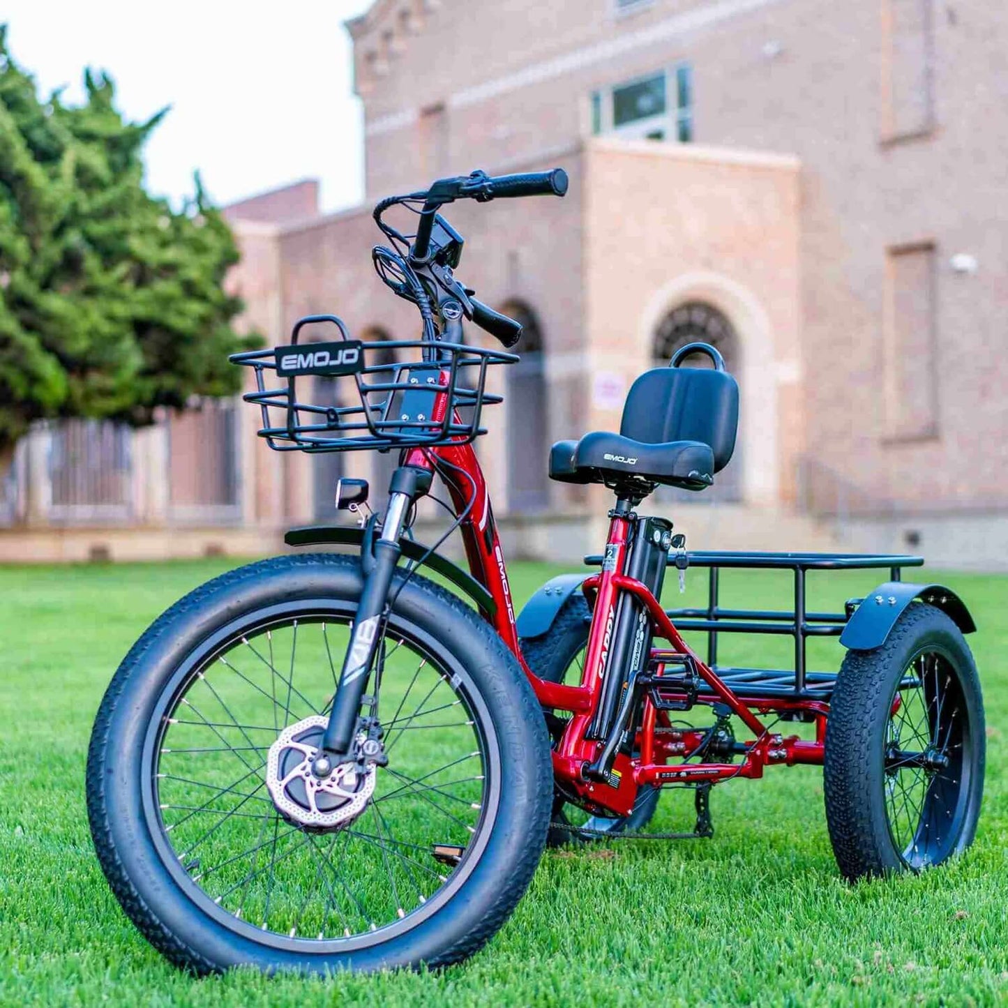 Emojo Caddy PRO 48V 500W fat tire step-thru electric trike parked on grass, showcasing a sturdy frame and comfortable seat.