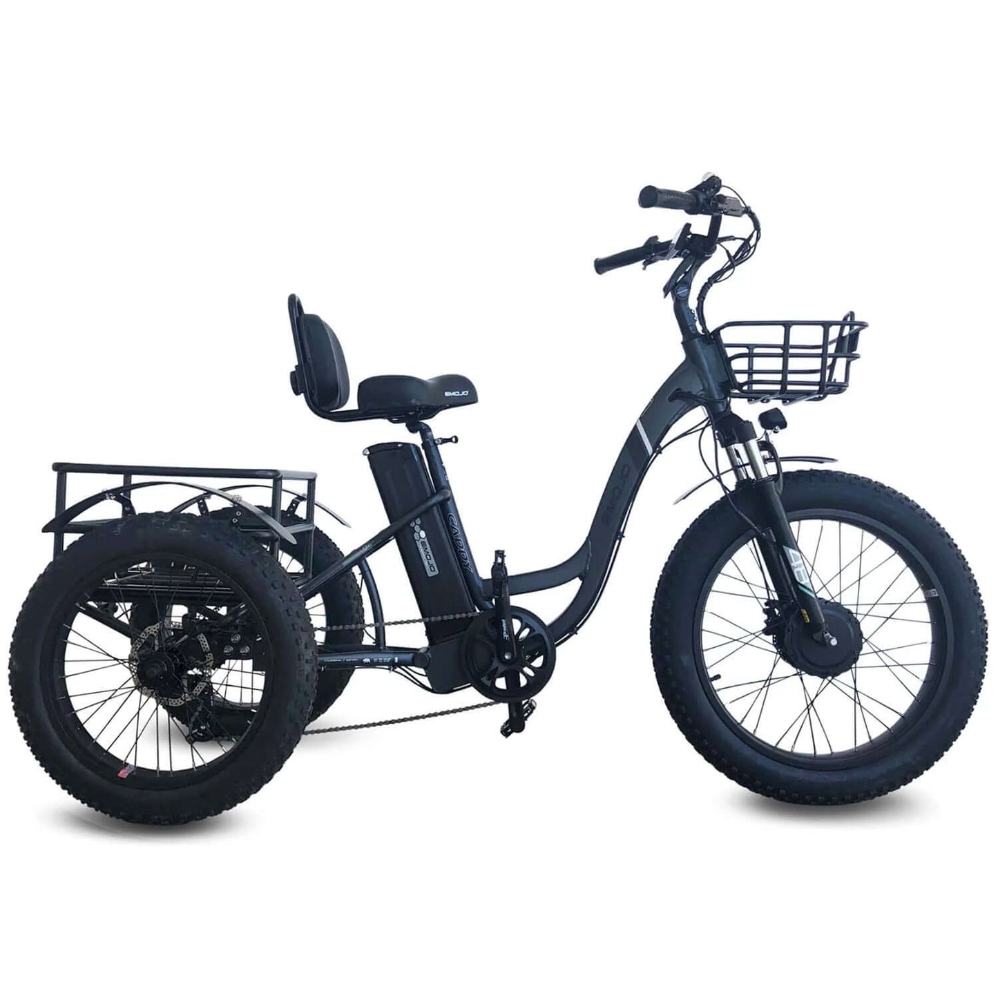 Emojo Caddy PRO 48V 500W fat tire step-thru electric trike showcasing its sturdy design and comfortable seating.
