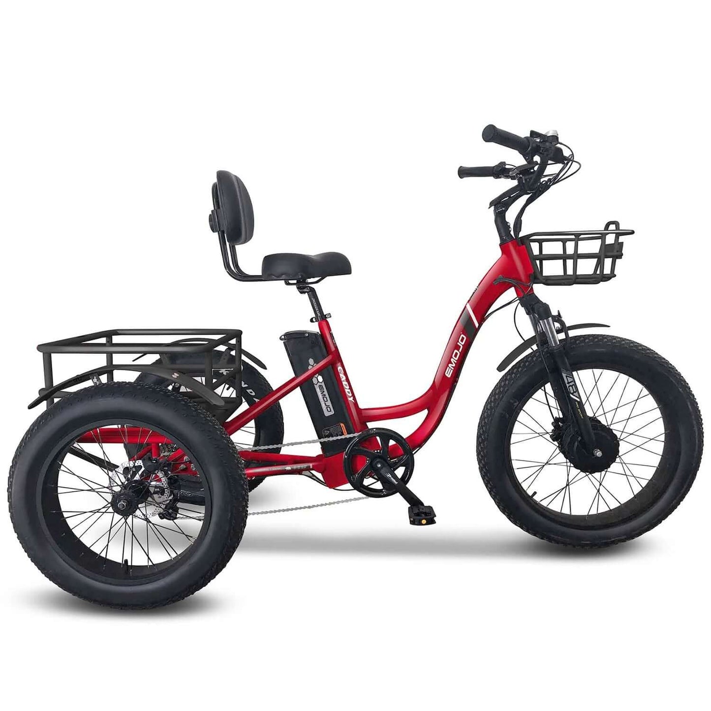 Emojo Caddy PRO 48V 500W red fat tire step-thru electric trike with rear baskets