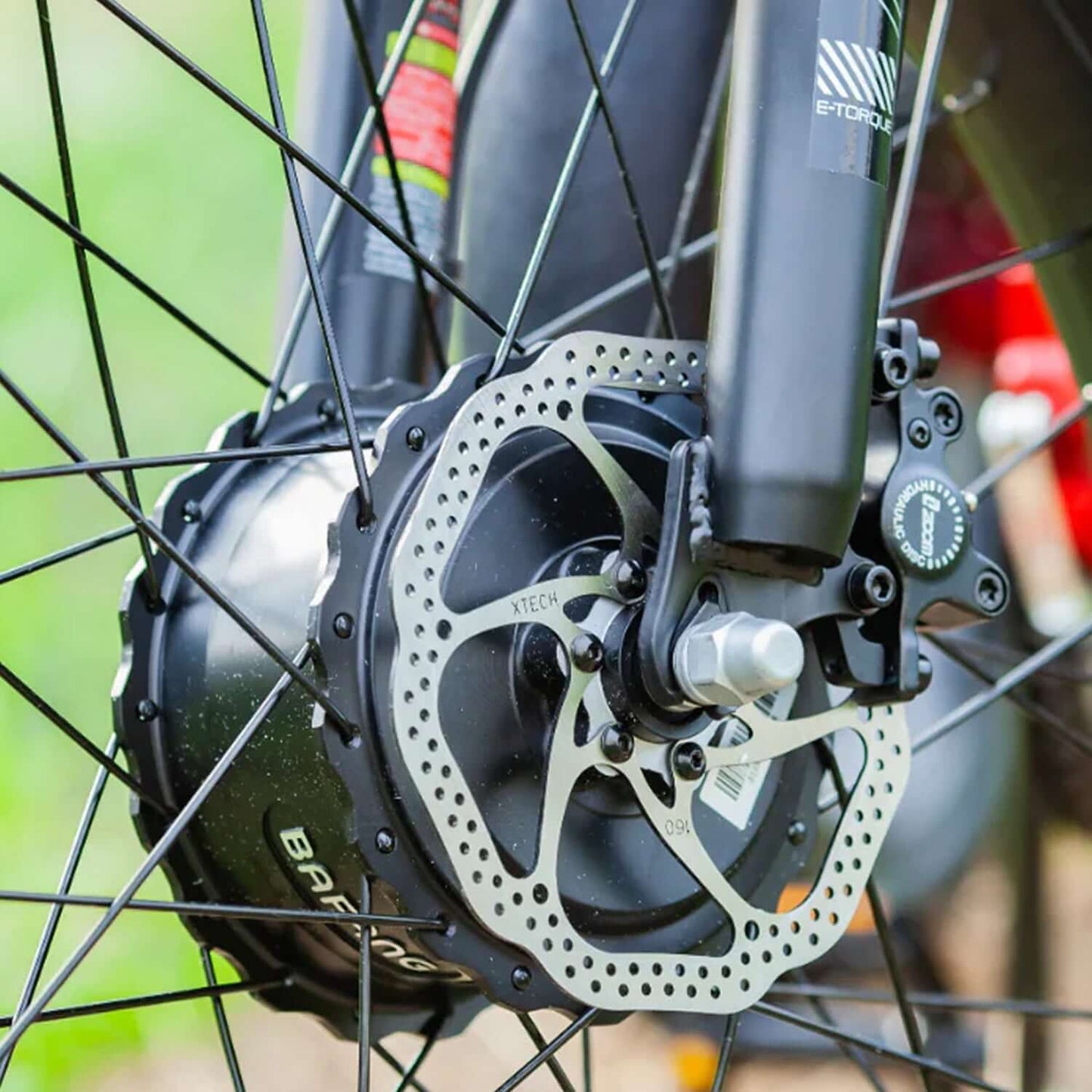 Close-up of the electric motor hub and brake disc on an electric trike's wheel, showcasing precision engineering and design.