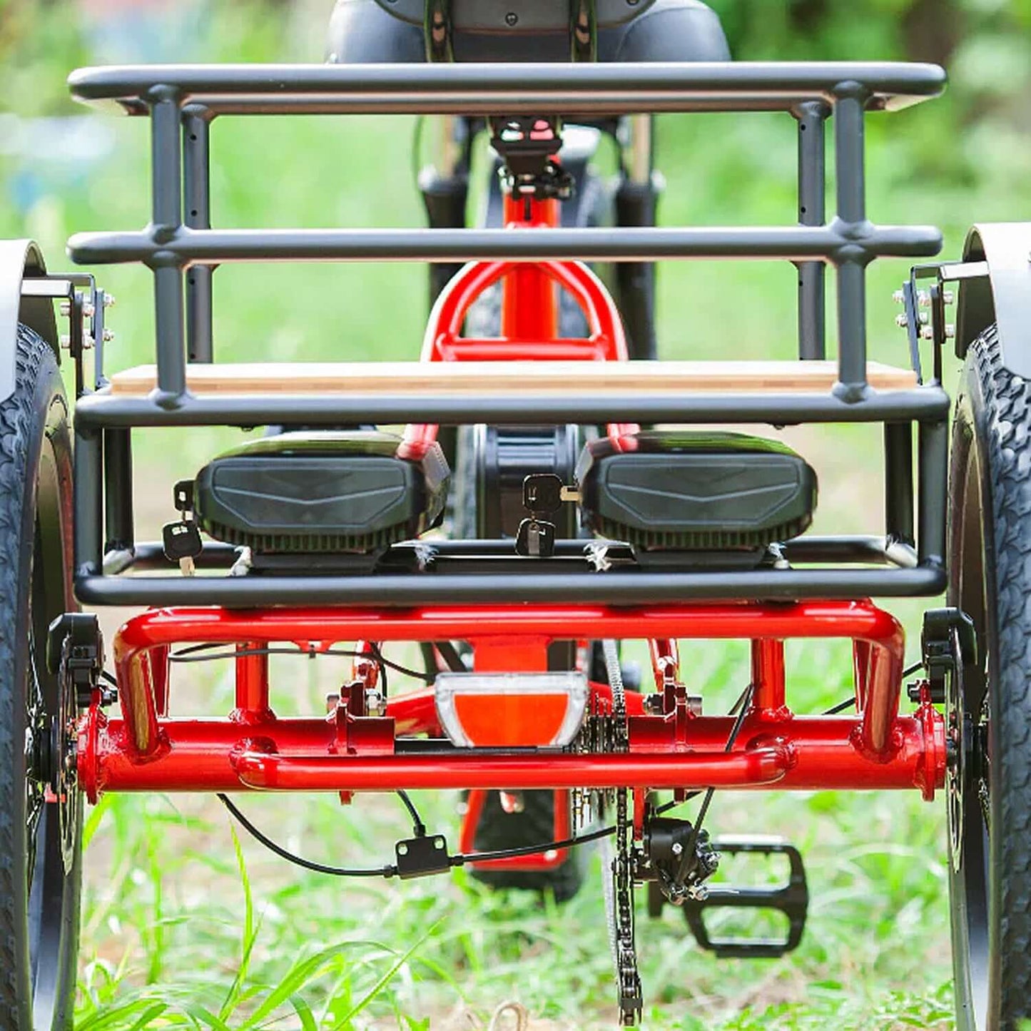 Rear view of the Emojo Caddy PRO Fat Tire Electric Trike showing the storage rack and dual battery compartments.
