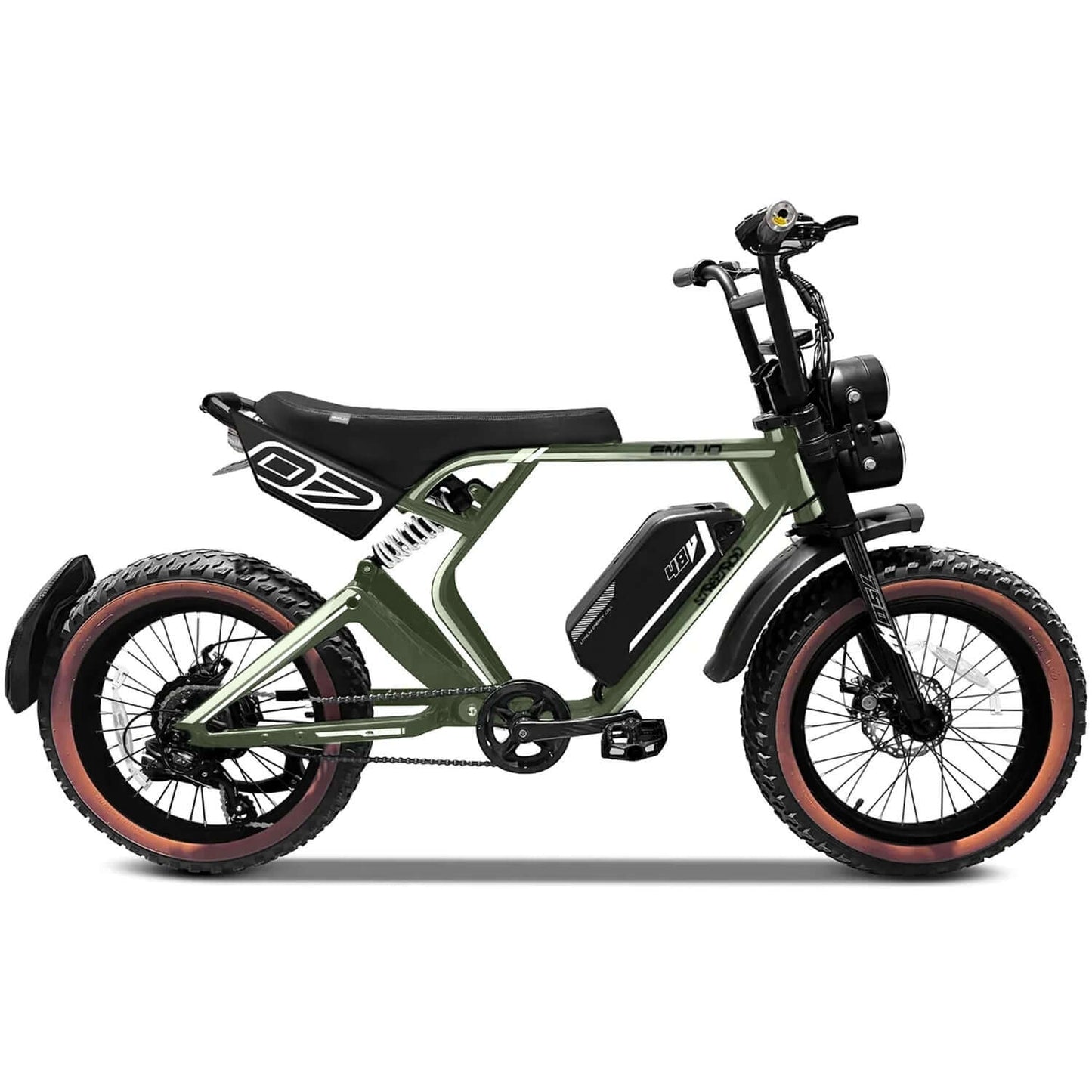Emojo Streetrod 48V 750W Fat Tire Electric Bike in green with black accents, showcasing fat tires and stylish design.