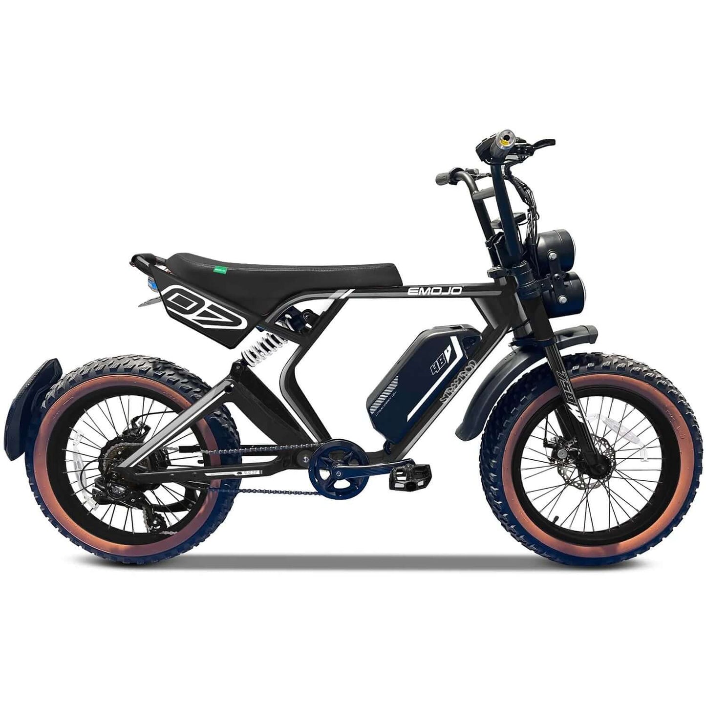 Emojo Streetrod 48V 750W fat tire electric bike showcasing sleek design and robust tires.