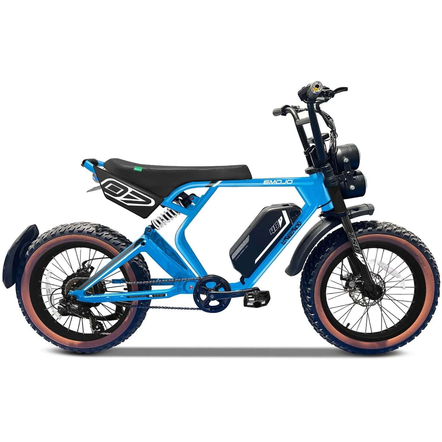 Emojo Streetrod 48V 750W fat tire electric bike in blue color featuring oversized tires and sleek design.