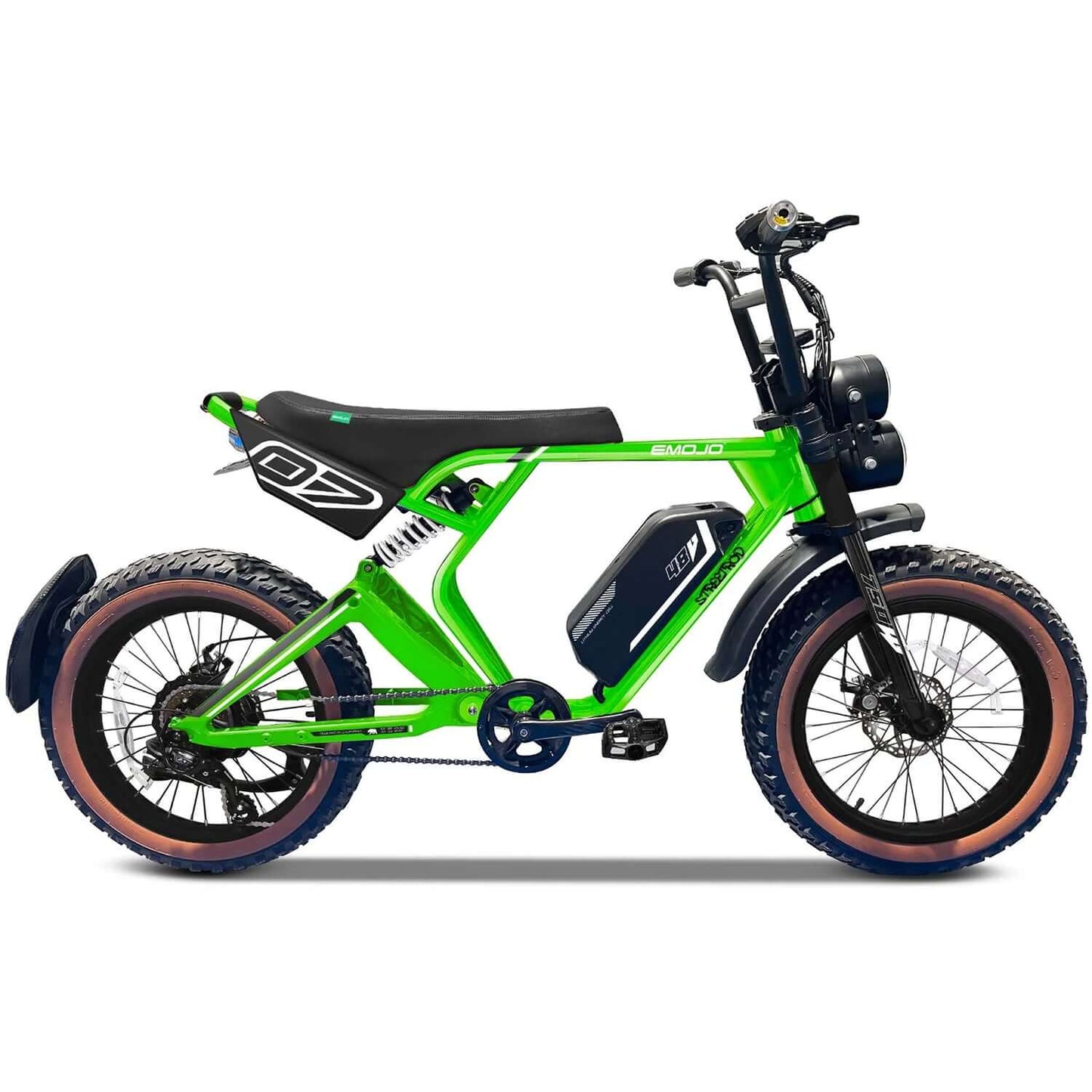 Emojo Streetrod 48V 750W Fat Tire Electric Bike in vibrant green with wide tires and modern design.
