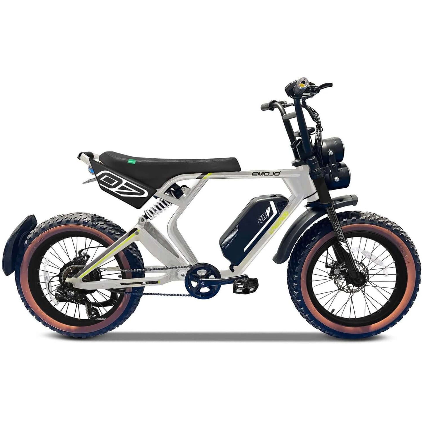 Emojo Streetrod 48V 750W fat tire electric bike in white, showcasing its sleek design and robust tires.