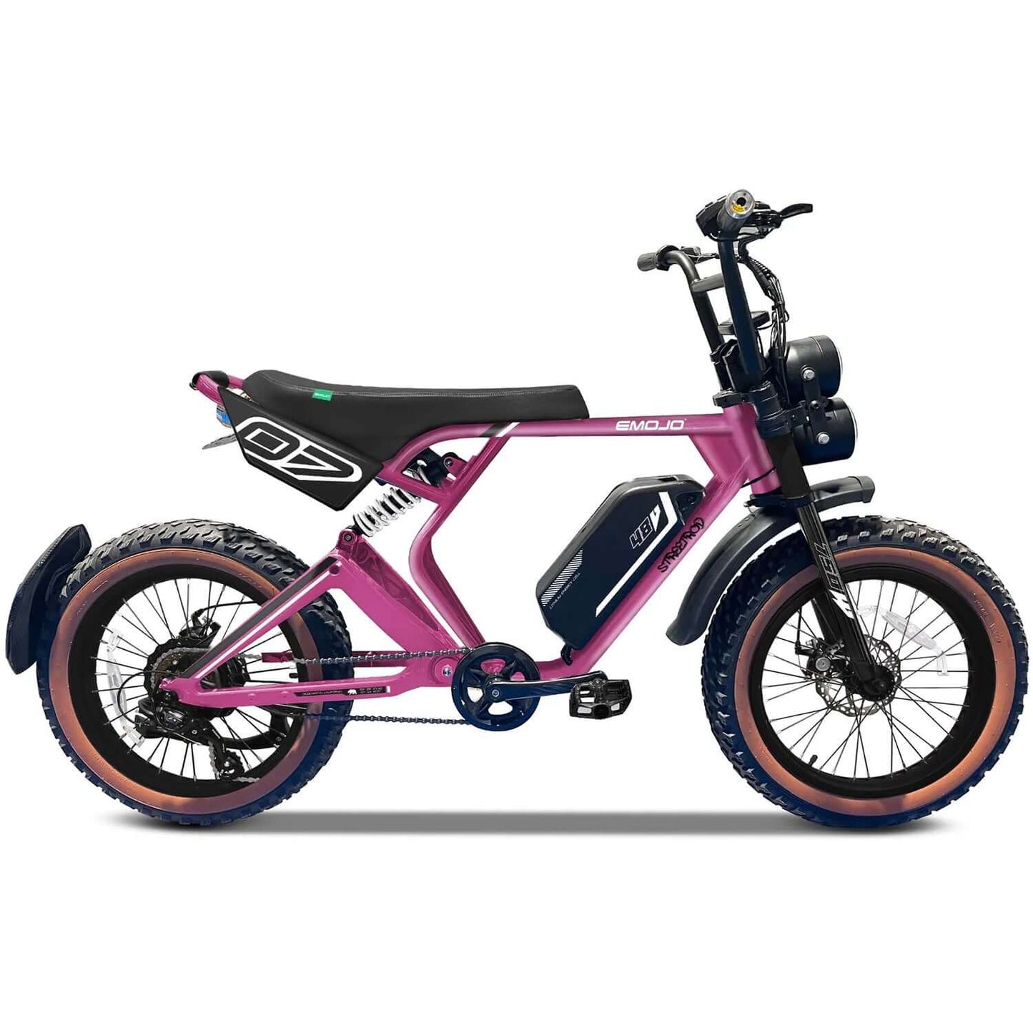 Emojo Streetrod 48V 750W Fat Tire Electric Bike in pink color with chunky tires and modern design.