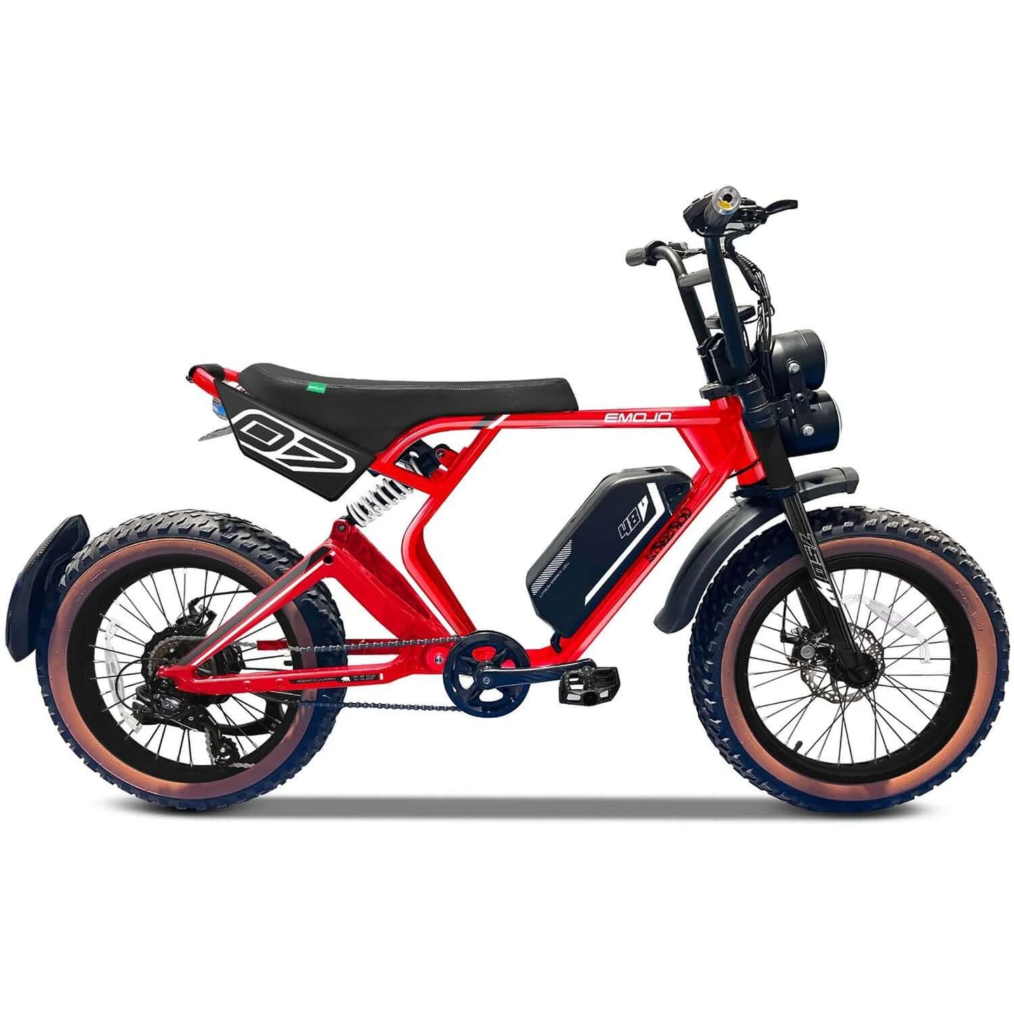 Emojo Streetrod 48V 750W fat tire electric bike in red profile view with large tires and modern design.