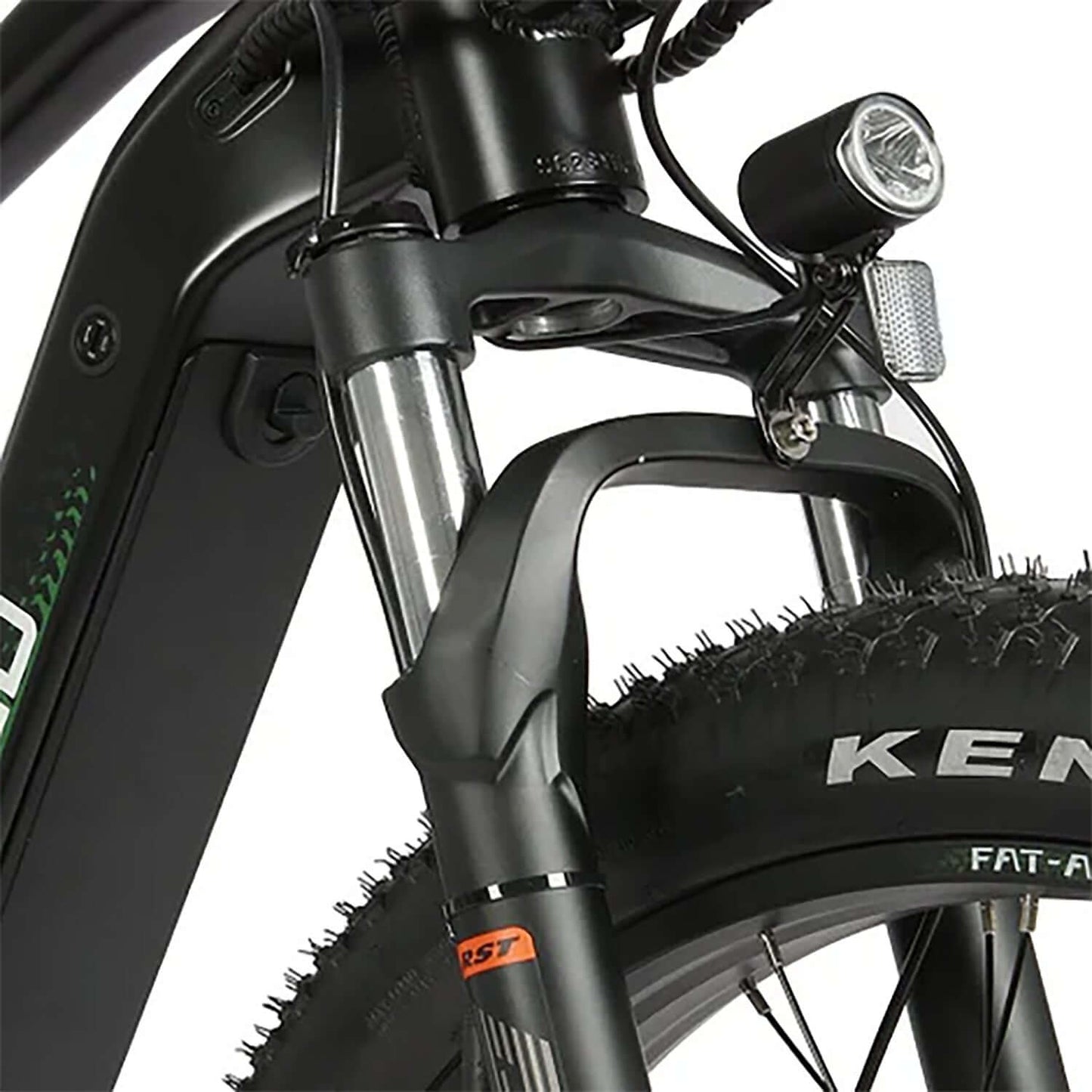Eunorau FAT-AWD electric bike front fork with suspension and tire detail.