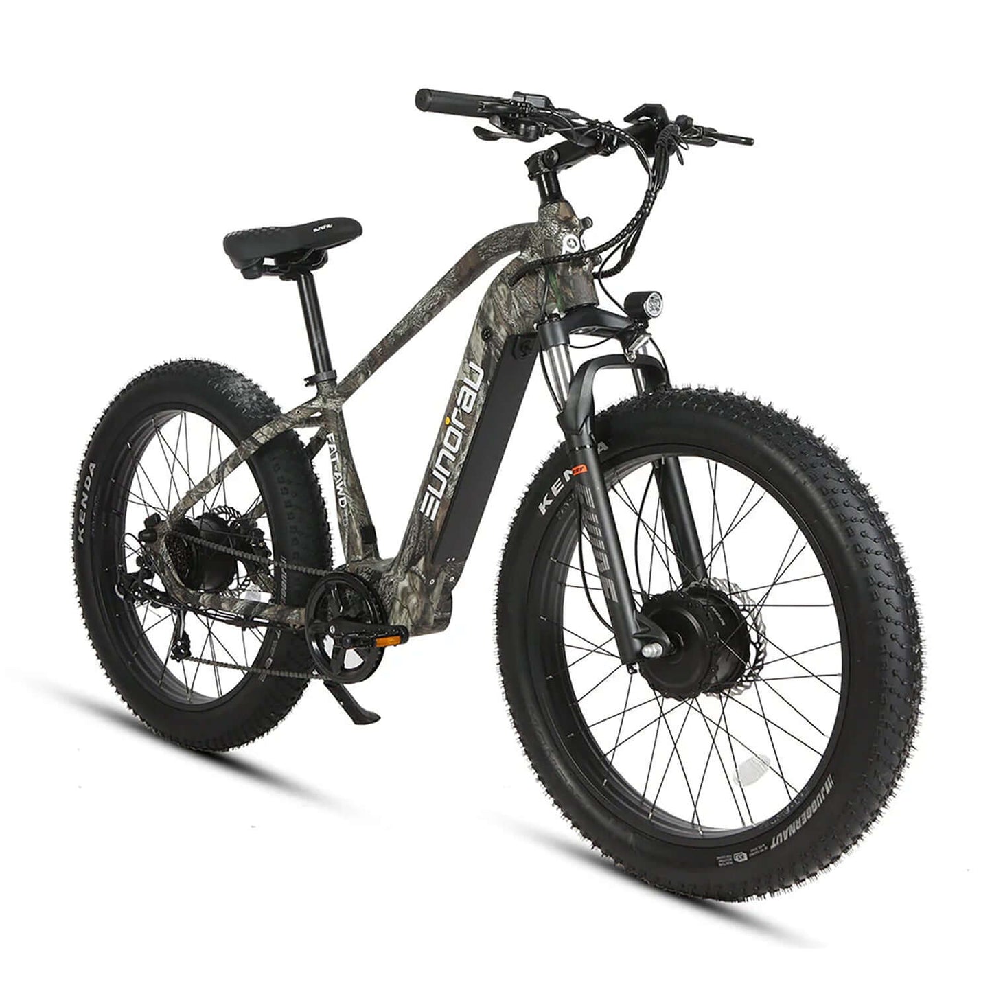 Eunorau FAT-AWD 2.0 48V 500W Dual Motor Electric Bike with large tires and camouflage design.