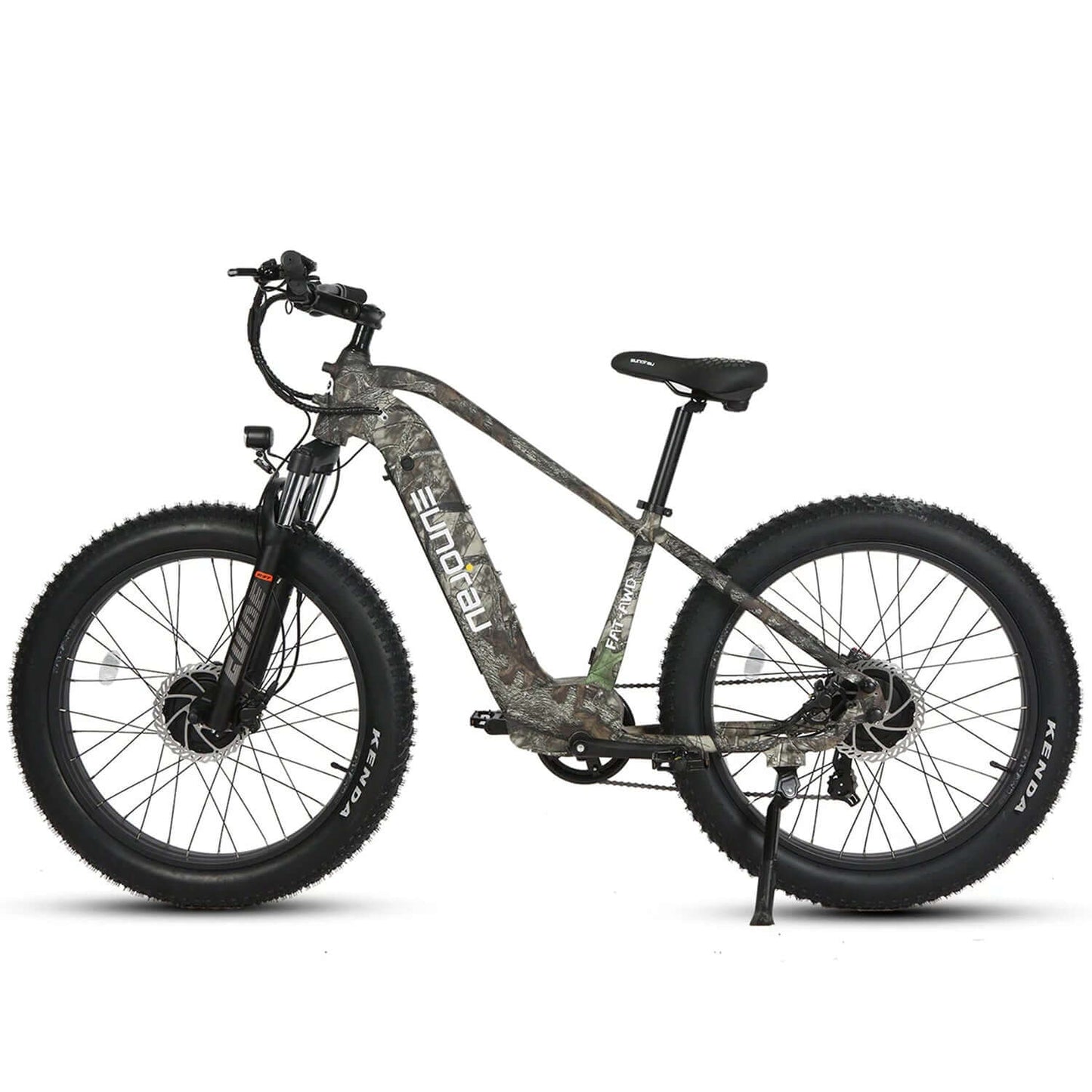 Eunorau FAT-AWD 2.0 48V 500W Dual Motor Electric Bike in camo design with fat tires.
