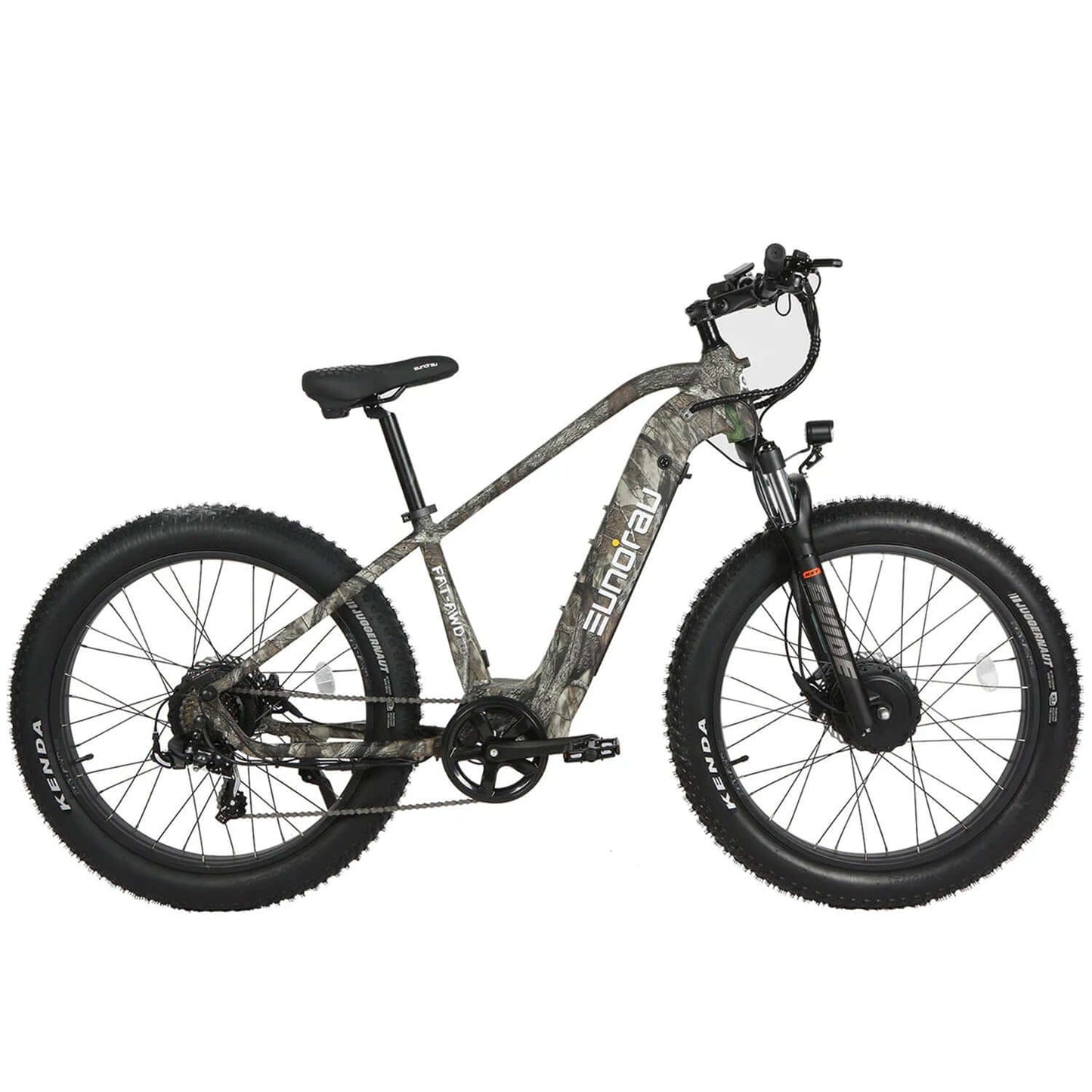 Eunorau FAT-AWD dual motor electric bike with camouflage design and fat tires.