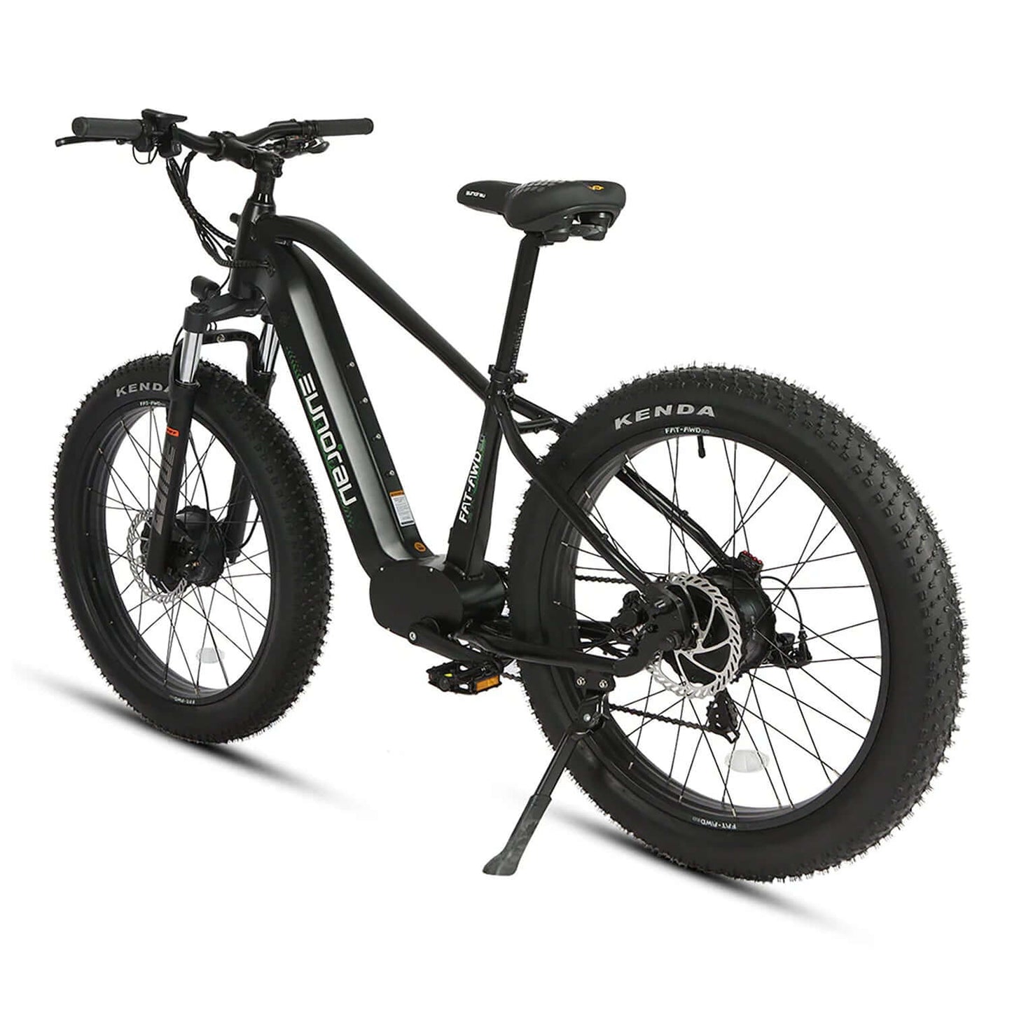 Eunorau FAT-AWD Dual Motor Electric Bike featuring fat tires and a sleek black design.