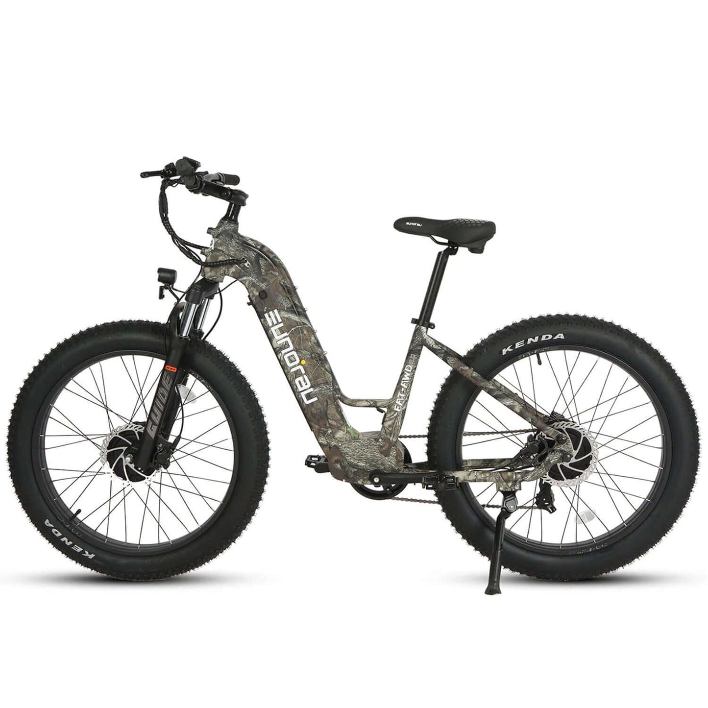 Eunorau FAT-AWD 2.0 electric bike featuring a camo design and fat tires for enhanced stability and off-road performance.