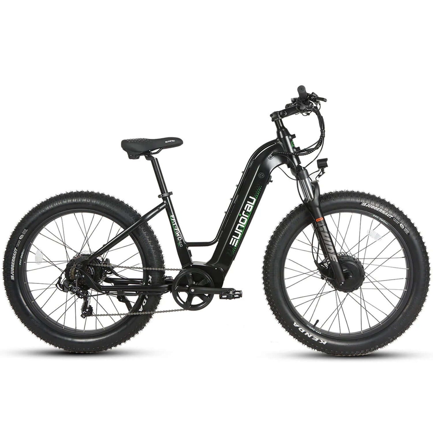 Eunorau FAT-AWD 2.0 48V 500W Dual Motor Electric Bike in sleek black design, showcasing fat tires and modern frame.