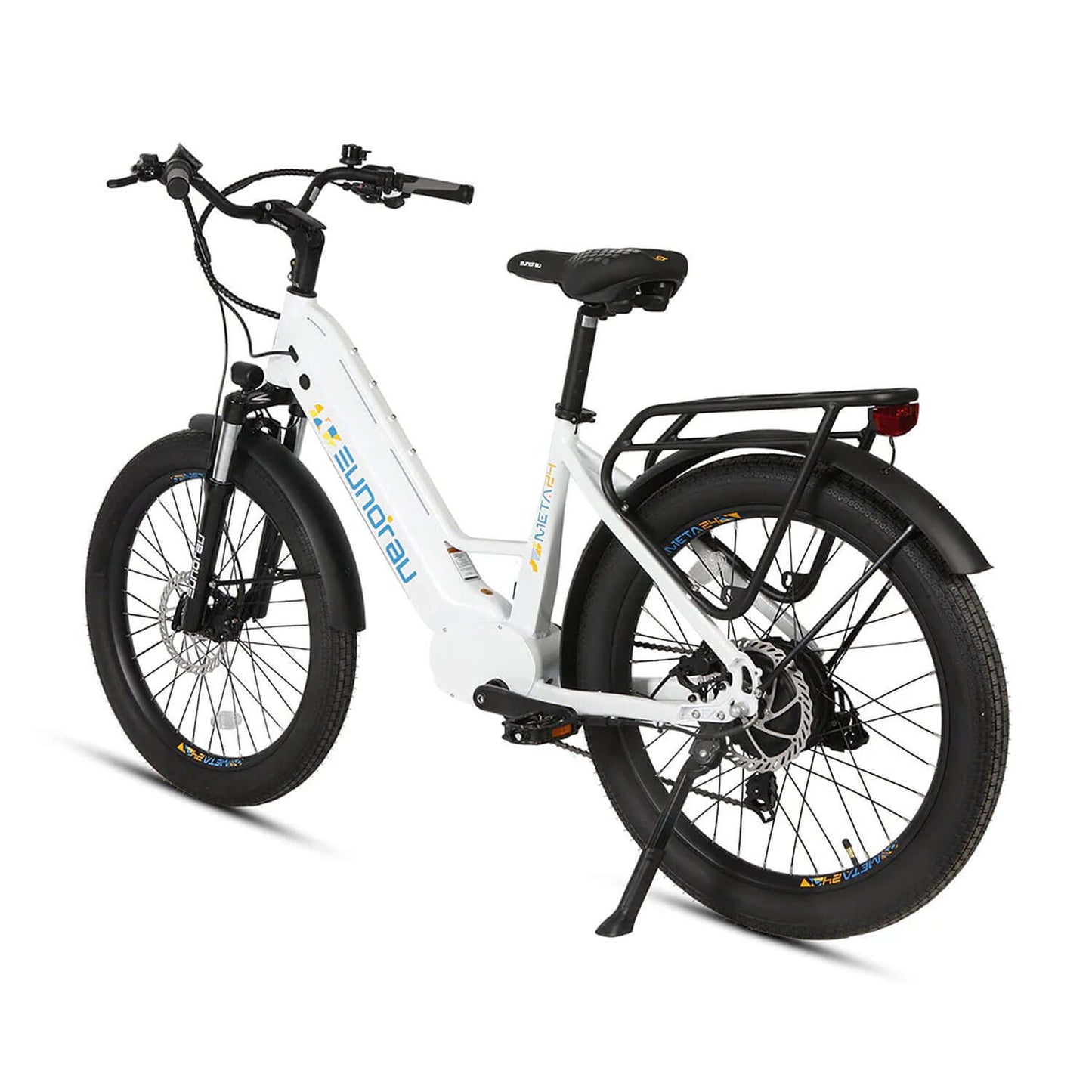 Eunorau META 2024 48V 500W Step-Thru Electric Bike in white color with thick tires and rear rack.