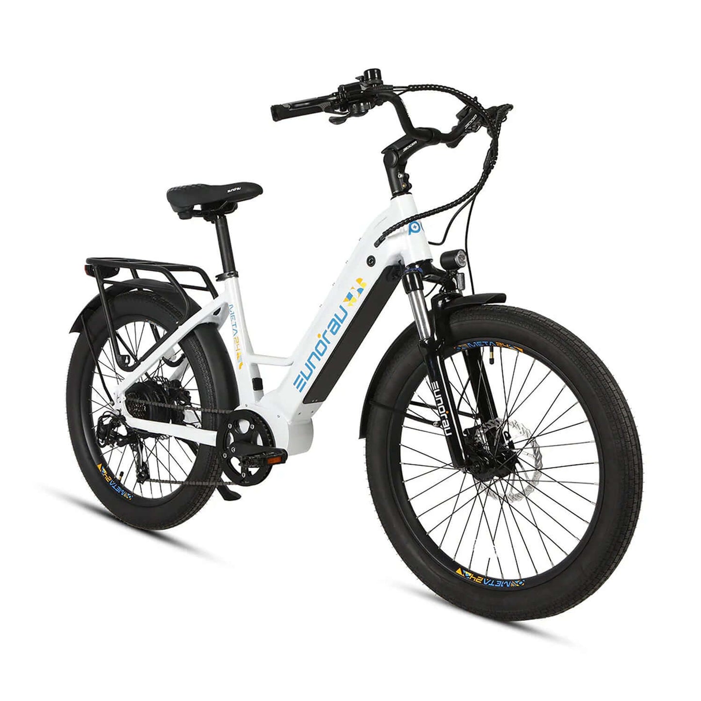 Eunorau META 2024 48V 500W Step-Thru Electric Bike in white with large tires and a comfortable design.